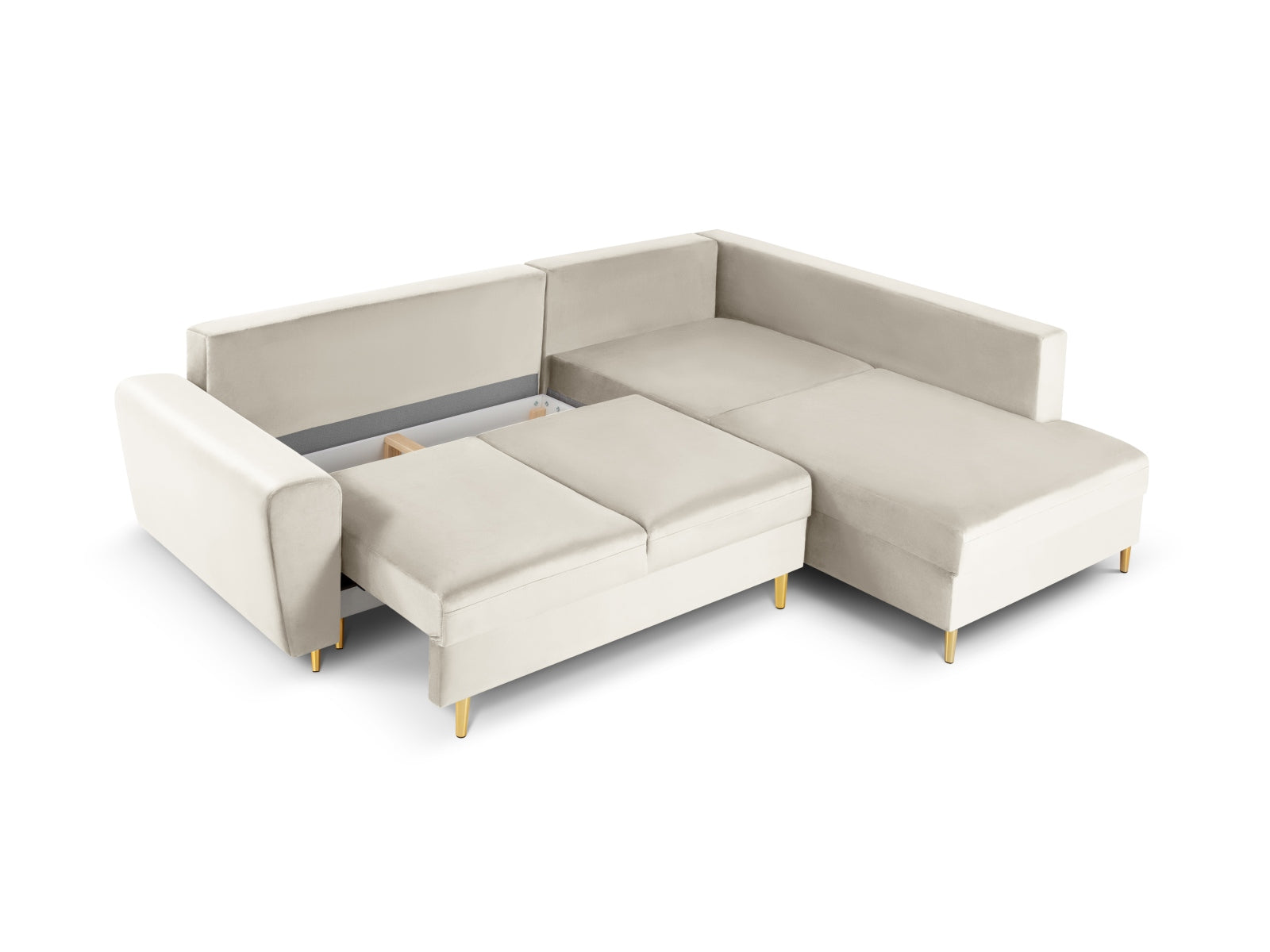 Erleben Sie das Kyoto Velour Ecksofa rechts: elegantes 5-Sitzer Sofa mit Schlaffunktion und Stauraum, ideal für modernes Wohnen!