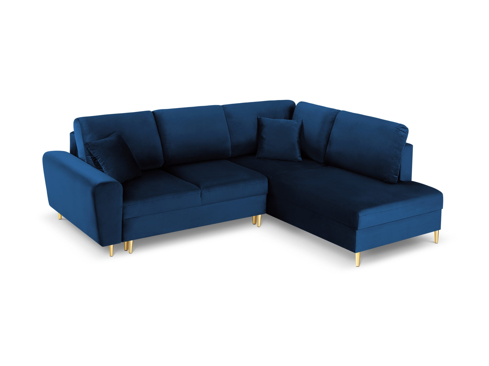 Kyoto Velour Ecksofa rechts mit Schlaffunktion und Stauraumbox 5 Sitzer 194cm in Royal Blue/Gold-Riviera präsentiert im Onlineshop von KAQTU Design AG. Bettsofa rechts ist von Cosmopolitan Design