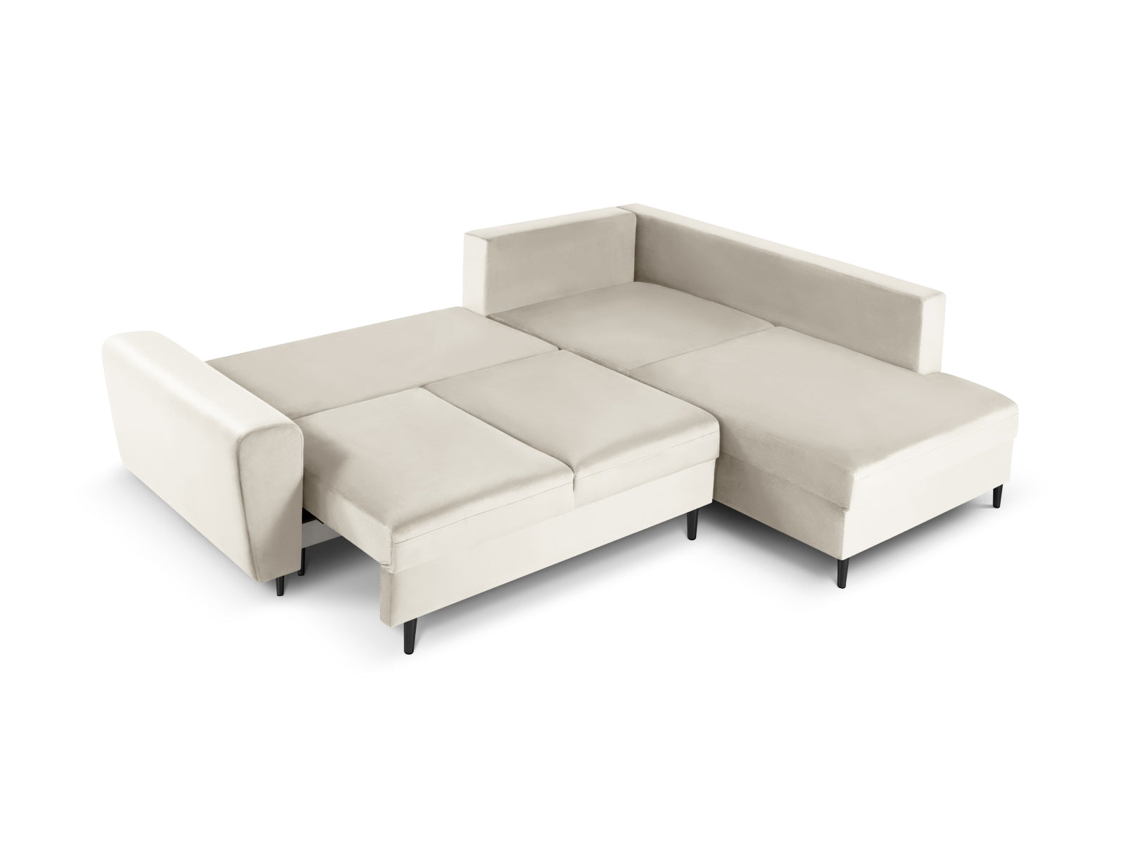 Elegantes Kyoto Velour Ecksofa in sanftem Beige, 5-Sitzer mit Schlafoption und Stauraum, ideal für stilvolle Wohnräume.