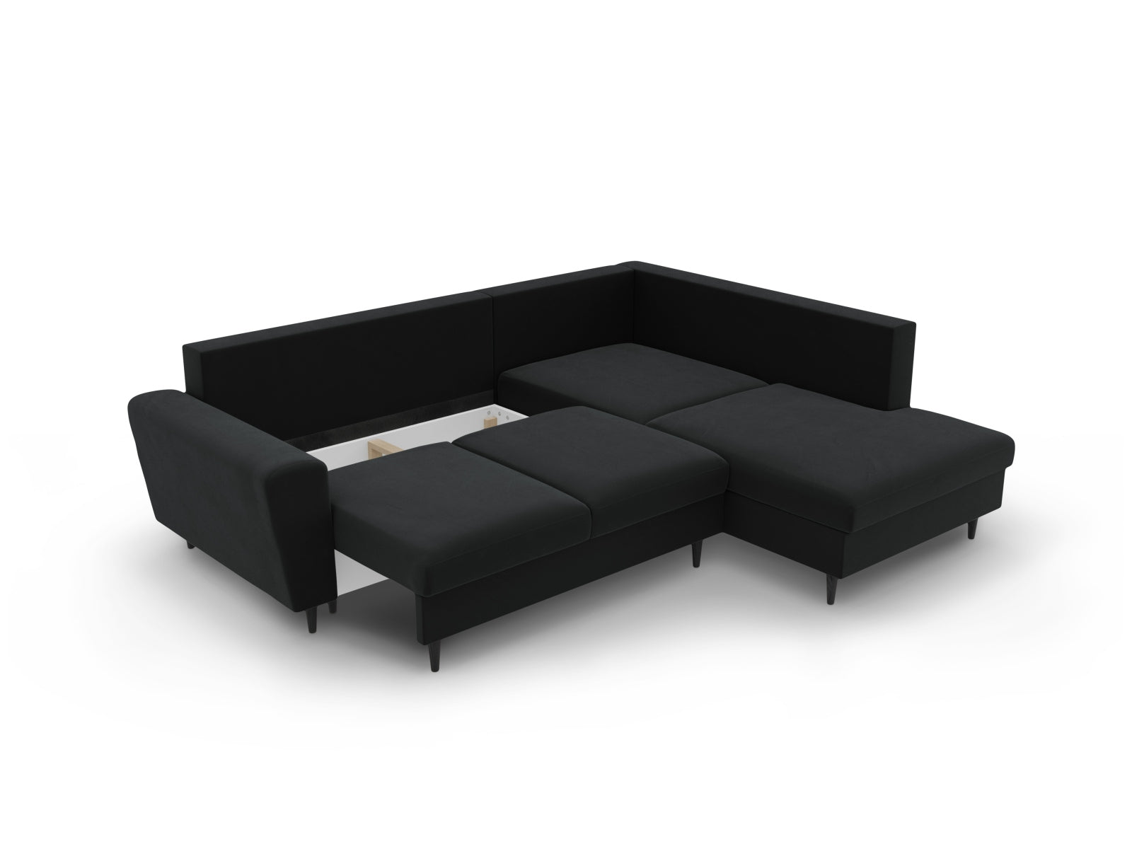 Elegantes Kyoto Velour Ecksofa in Schwarz, 5-Sitzer mit Schlaffunktion und Stauraum, ideal für stilvolle Wohnräume und entspannte Nächte.
