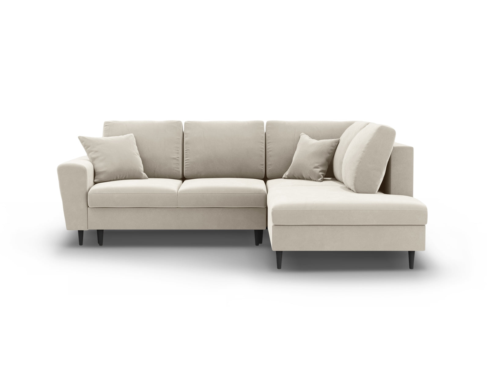 Kyoto Velour Ecksofa rechts mit Schlaffunktion und Stauraumbox 5 Sitzer 194cm in Light Beige/Schwarz Birke-Riviera präsentiert im Onlineshop von KAQTU Design AG. Bettsofa rechts ist von Cosmopolitan Design