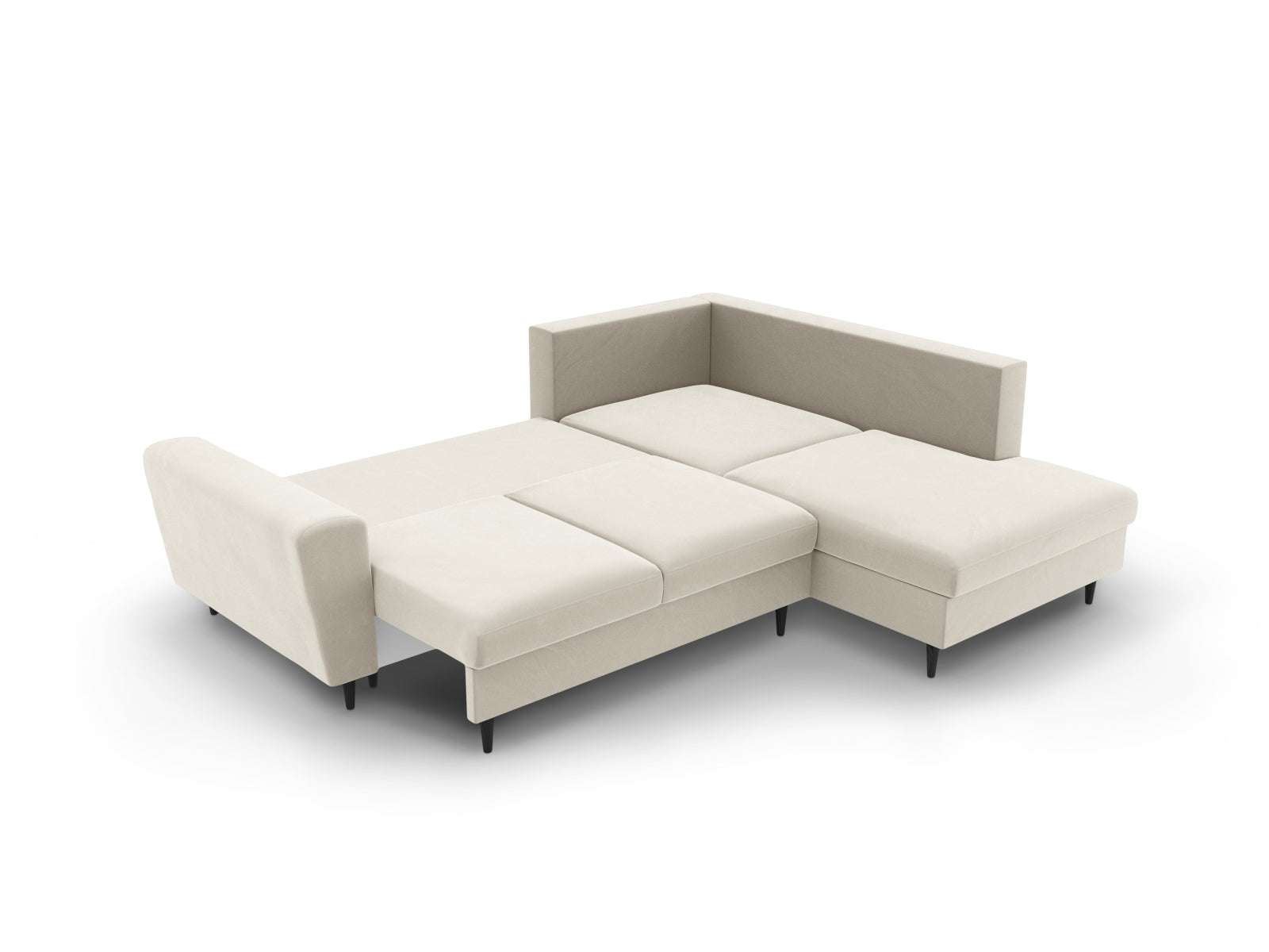 Beige Kyoto Velour Ecksofa mit Schlaffunktion, 5-Sitzer, rechts, bietet zusätzlichen Stauraum und vereint Komfort mit modernem Design.