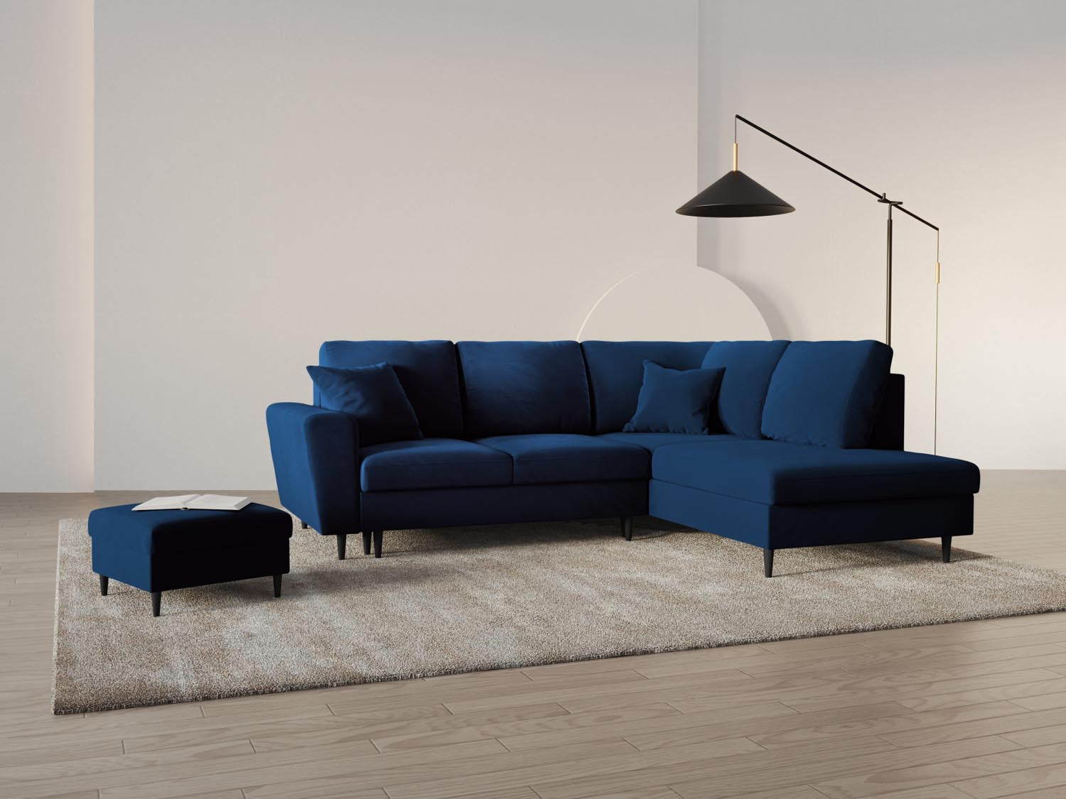Elegantes Kyoto Velour Ecksofa in Royal Blue mit Schlaffunktion und Stauraum, ideal für stilvolle Wohnräume.
