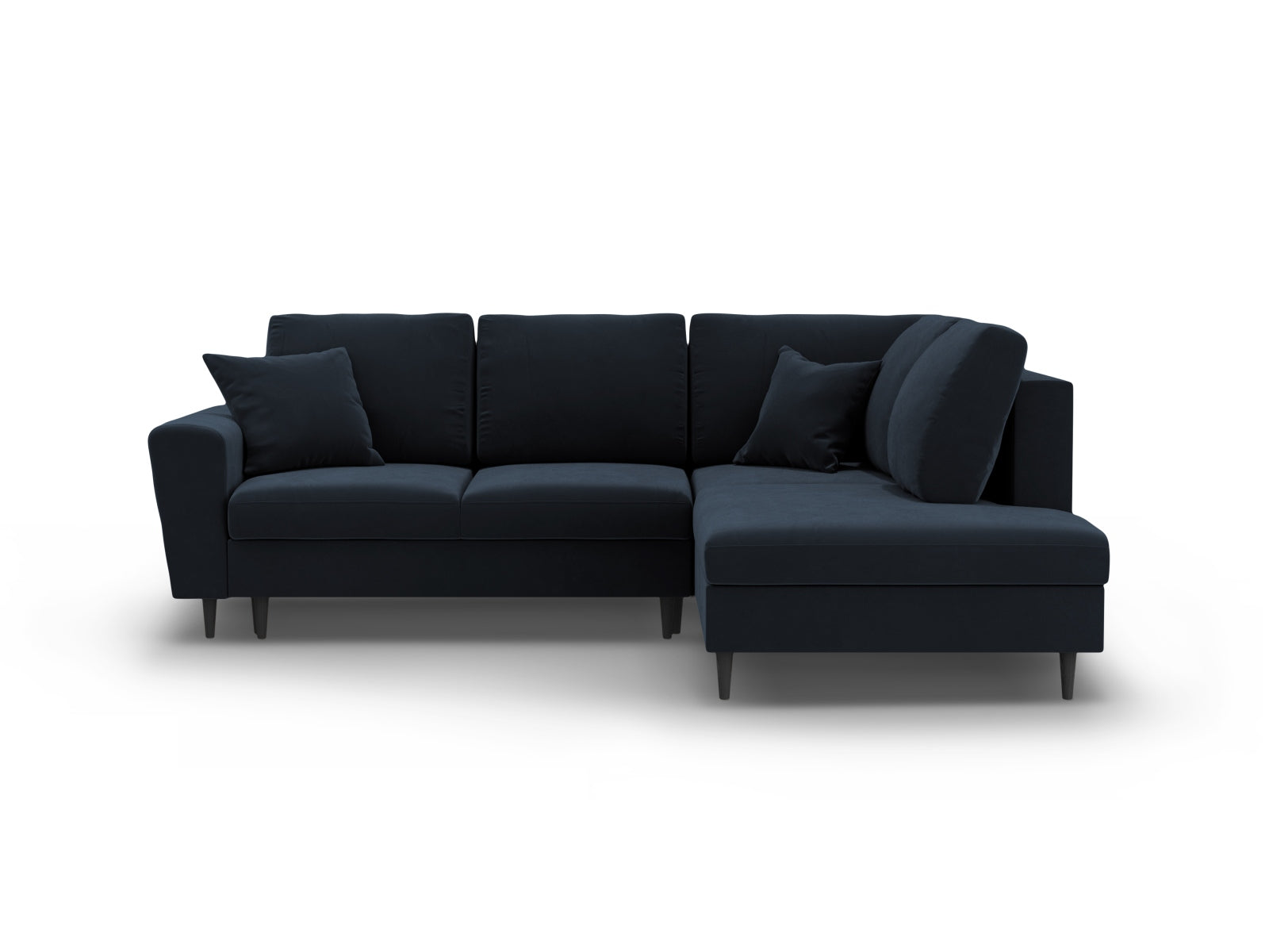 Kyoto Velour Ecksofa rechts mit Schlaffunktion und Stauraumbox 5 Sitzer 194cm in Dark Blue/Schwarz Birke-Riviera präsentiert im Onlineshop von KAQTU Design AG. Bettsofa rechts ist von Cosmopolitan Design
