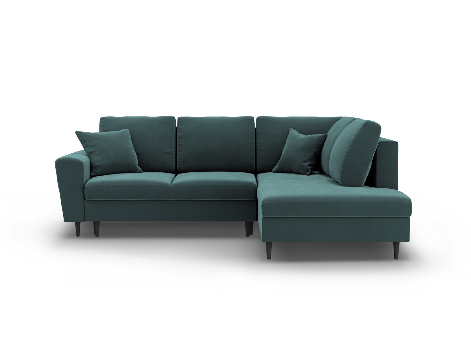Kyoto Velour Ecksofa rechts mit Schlaffunktion und Stauraumbox 5 Sitzer 194cm in Petrol/Schwarz Birke-Riviera präsentiert im Onlineshop von KAQTU Design AG. Bettsofa rechts ist von Cosmopolitan Design