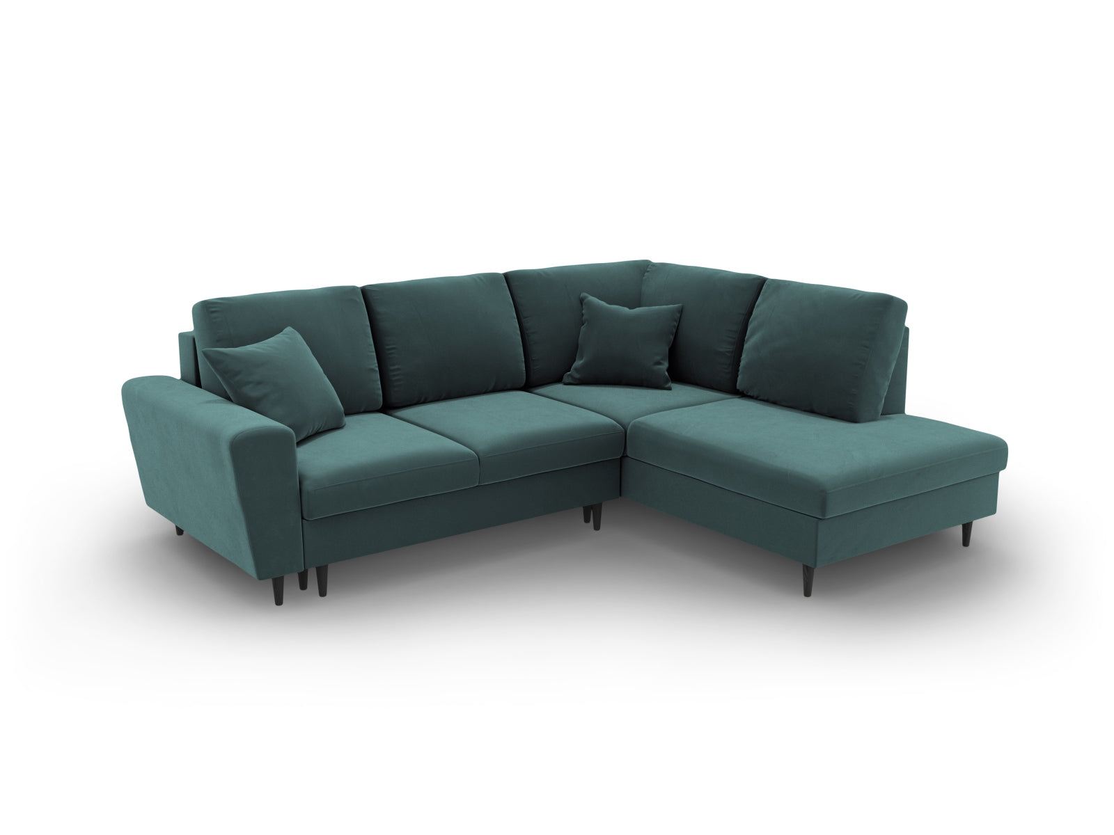 Elegantes Kyoto Velour Ecksofa in Petrol, 5-Sitzer mit Schlaffunktion und Stauraum, perfekt für stilvolle Wohnräume und Übernachtungen.