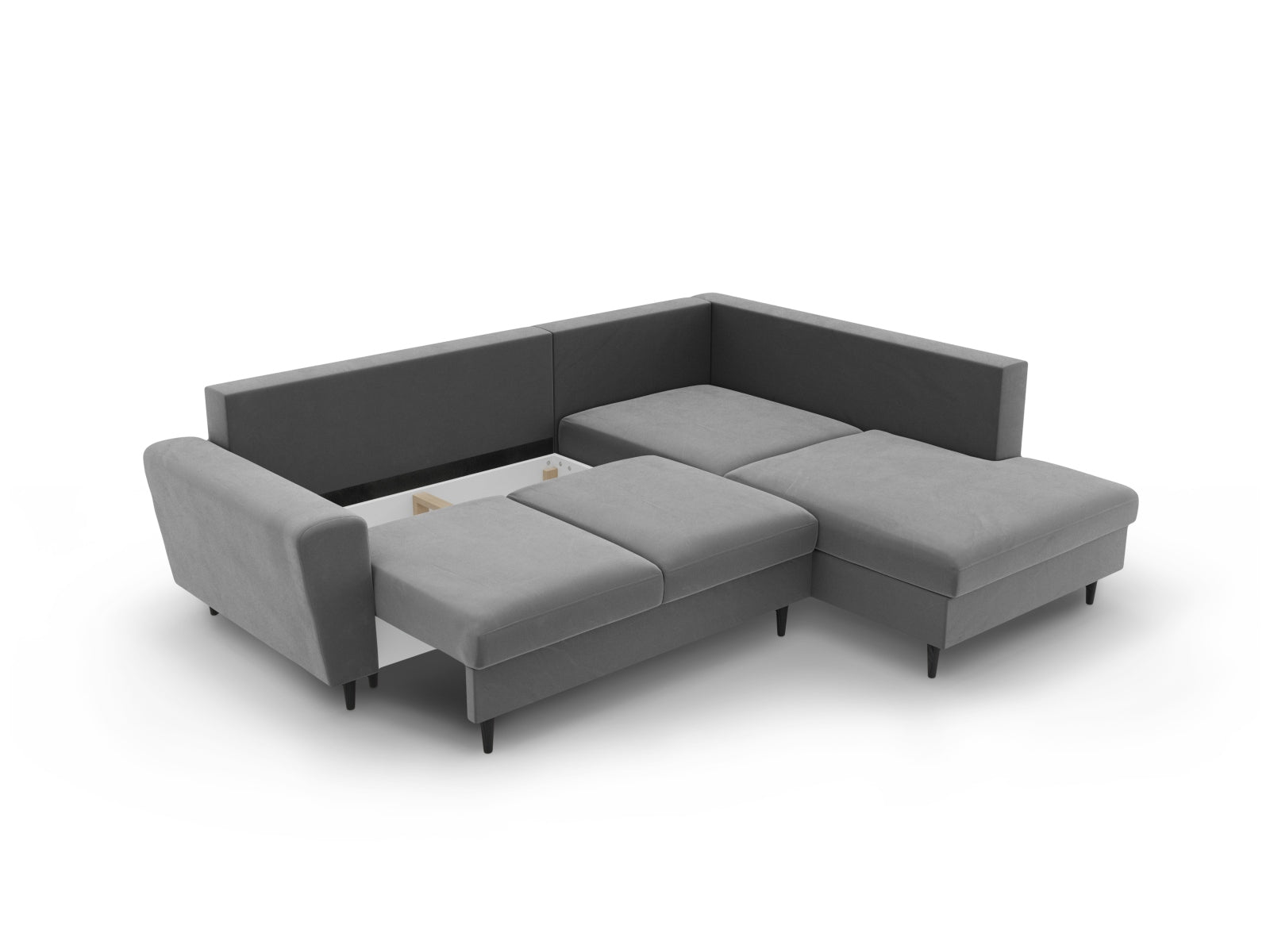 Modernes Kyoto Velour Ecksofa in sanftem Grau, 5-Sitzer mit Schlaffunktion und integriertem Stauraum, ideal für gemütliche Wohnräume.