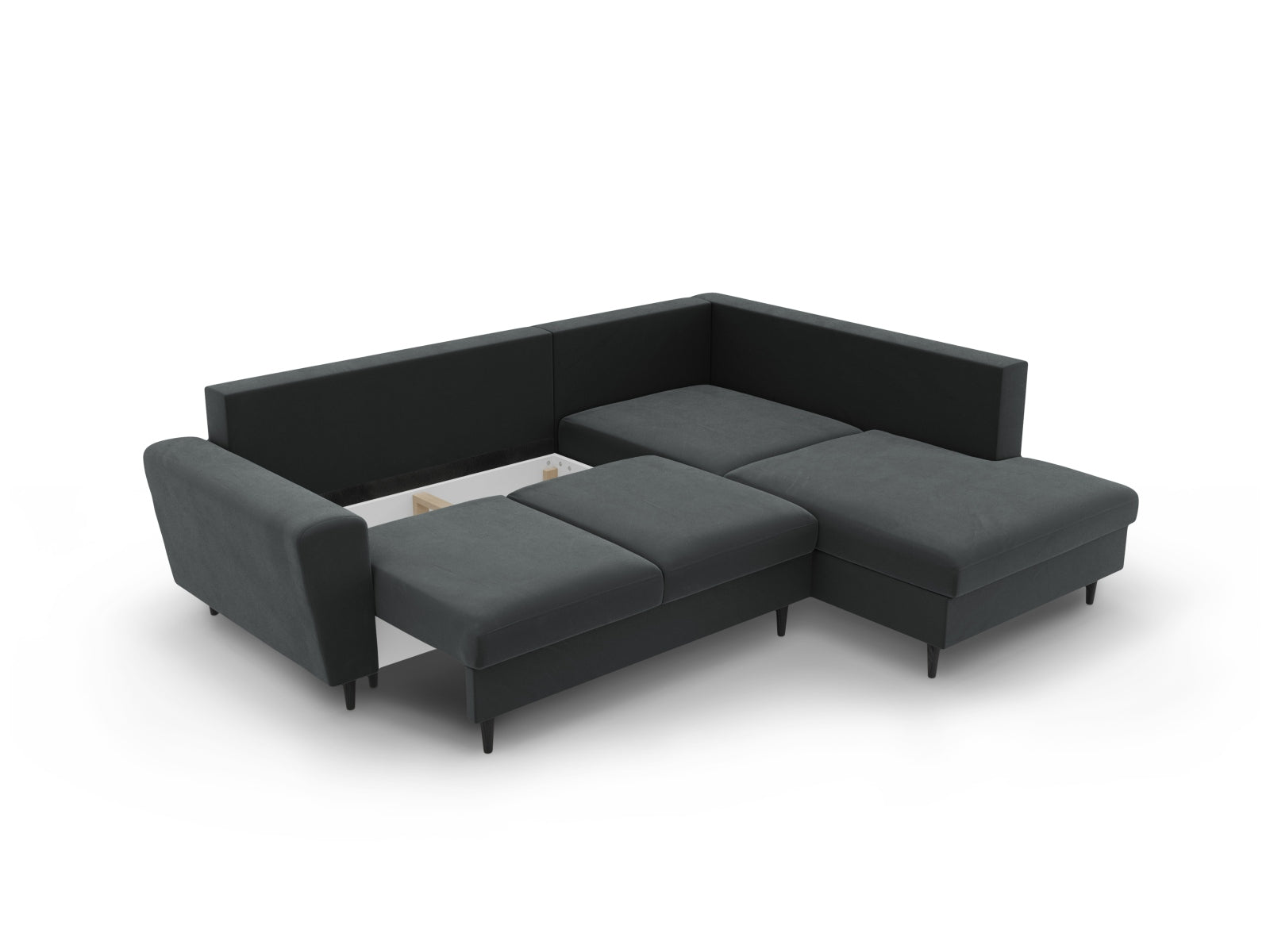 Entdecken Sie das Kyoto Velour Ecksofa rechts: stilvolles 5-Sitzer Sofa mit praktischer Schlaffunktion und Stauraumbox für Ihr Zuhause!