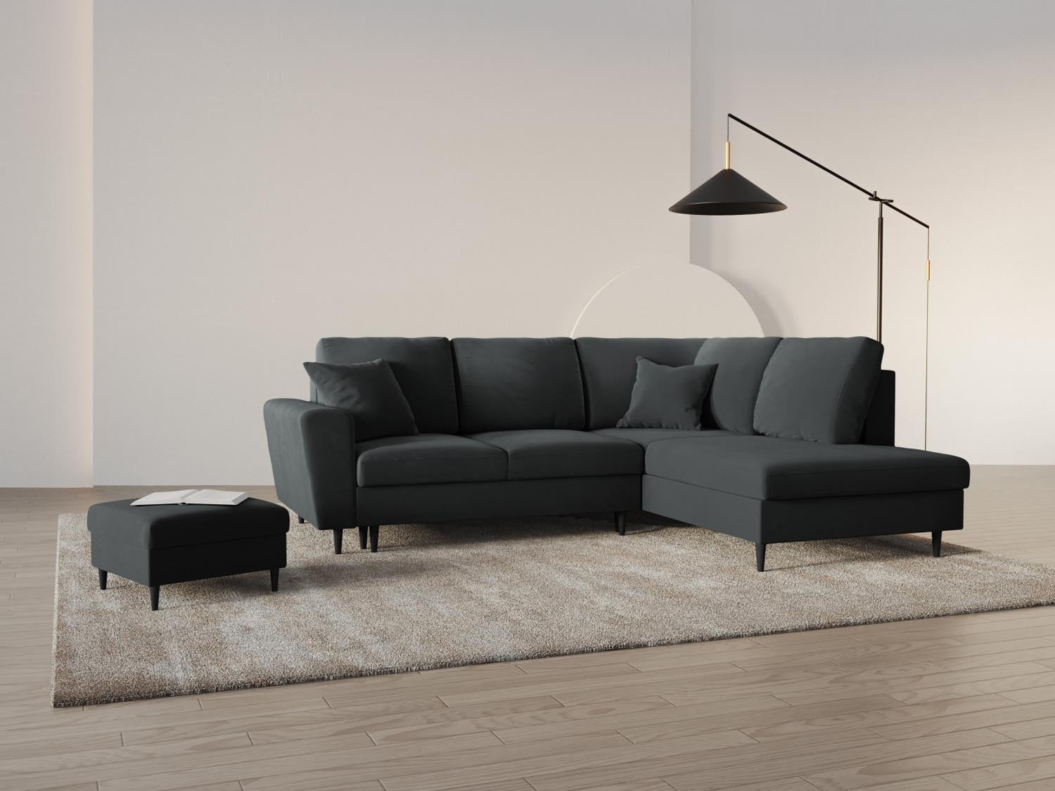 Stylisches Kyoto Velour Ecksofa in Dunkelgrau mit Schlaffunktion und Stauraum, ideal für moderne Wohnräume und Gästeübernachtungen.