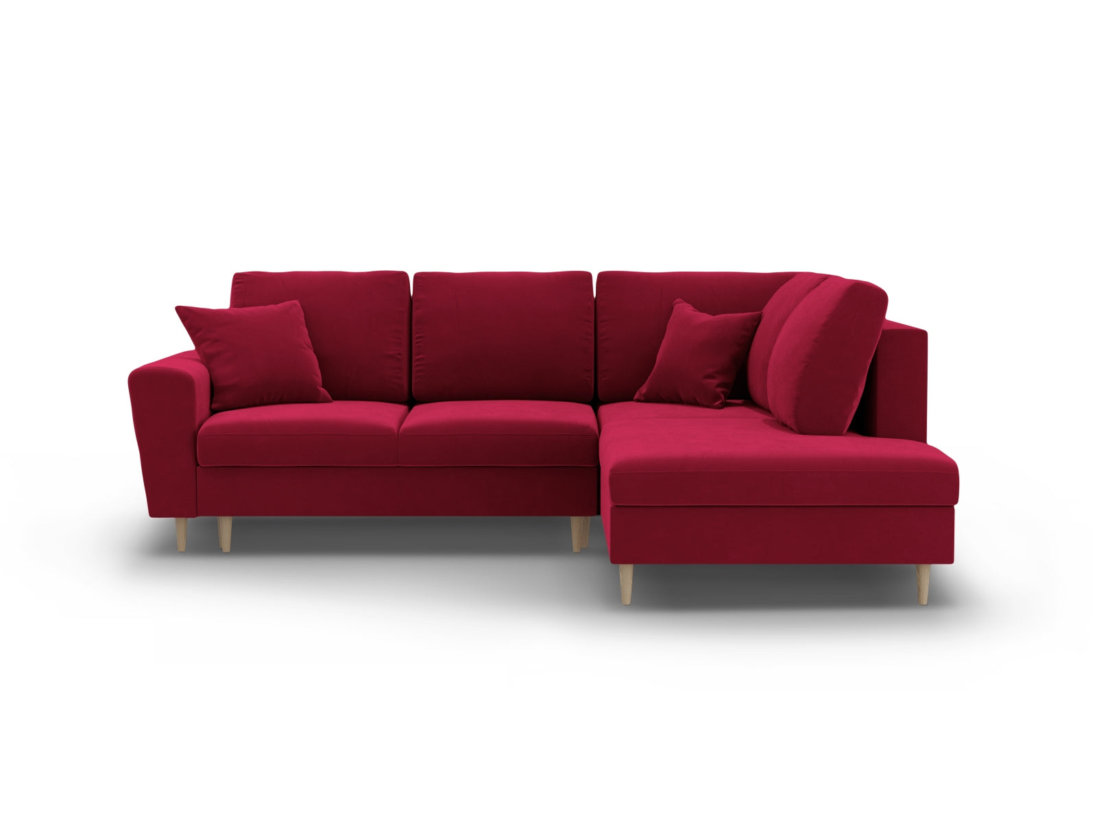 Kyoto Velour Ecksofa rechts mit Schlaffunktion und Stauraumbox 5 Sitzer 194cm in Red/Birke-Riviera präsentiert im Onlineshop von KAQTU Design AG. Bettsofa rechts ist von Cosmopolitan Design