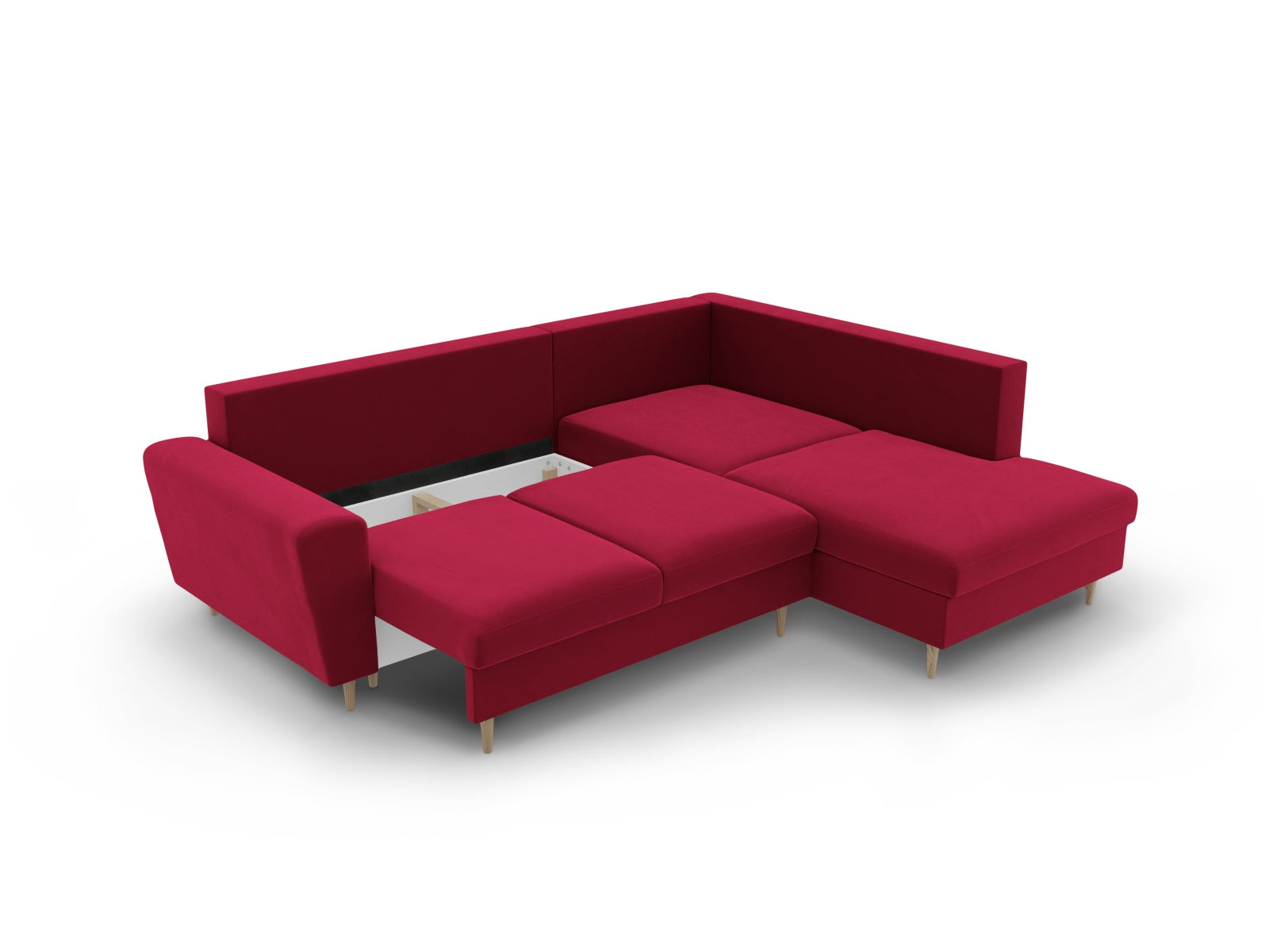Stylisches Kyoto Velour Ecksofa in Rot, 5-Sitzer mit Schlaffunktion und Stauraum, ideal für entspannte Stunden und Gästeübernachtungen.
