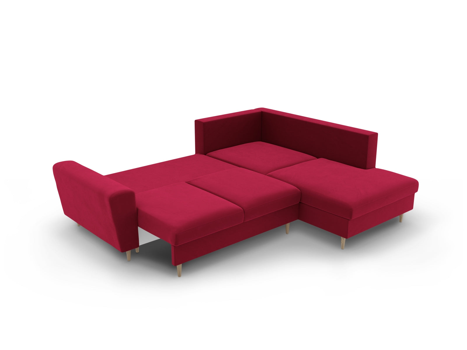 Elegantes rotes Ecksofa Kyoto aus Velours, 5-Sitzer mit praktischer Schlaffunktion und Stauraum, perfekt für jedes Wohnzimmer.