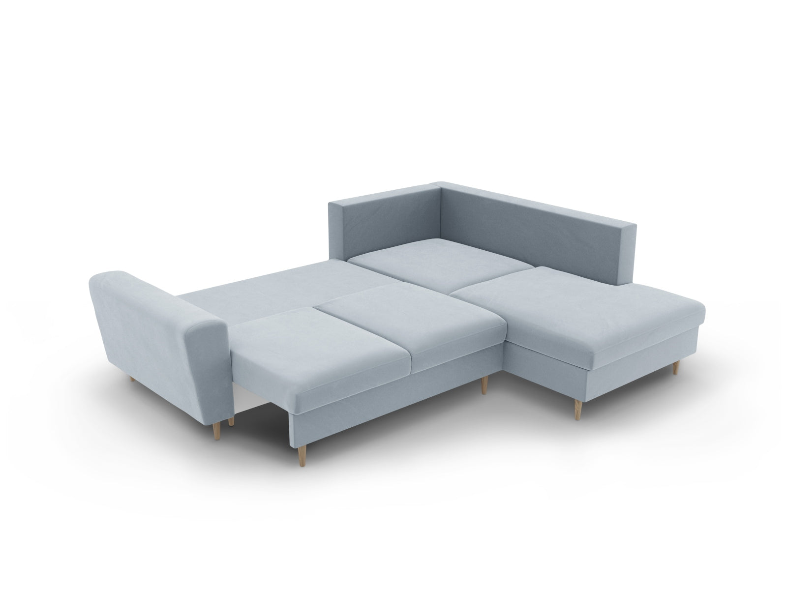 Stylisches Kyoto Velour Ecksofa in sanftem Hellblau, 5-Sitzer mit praktischer Schlaffunktion und integriertem Stauraum, perfekt für moderne Wohnzimmer.