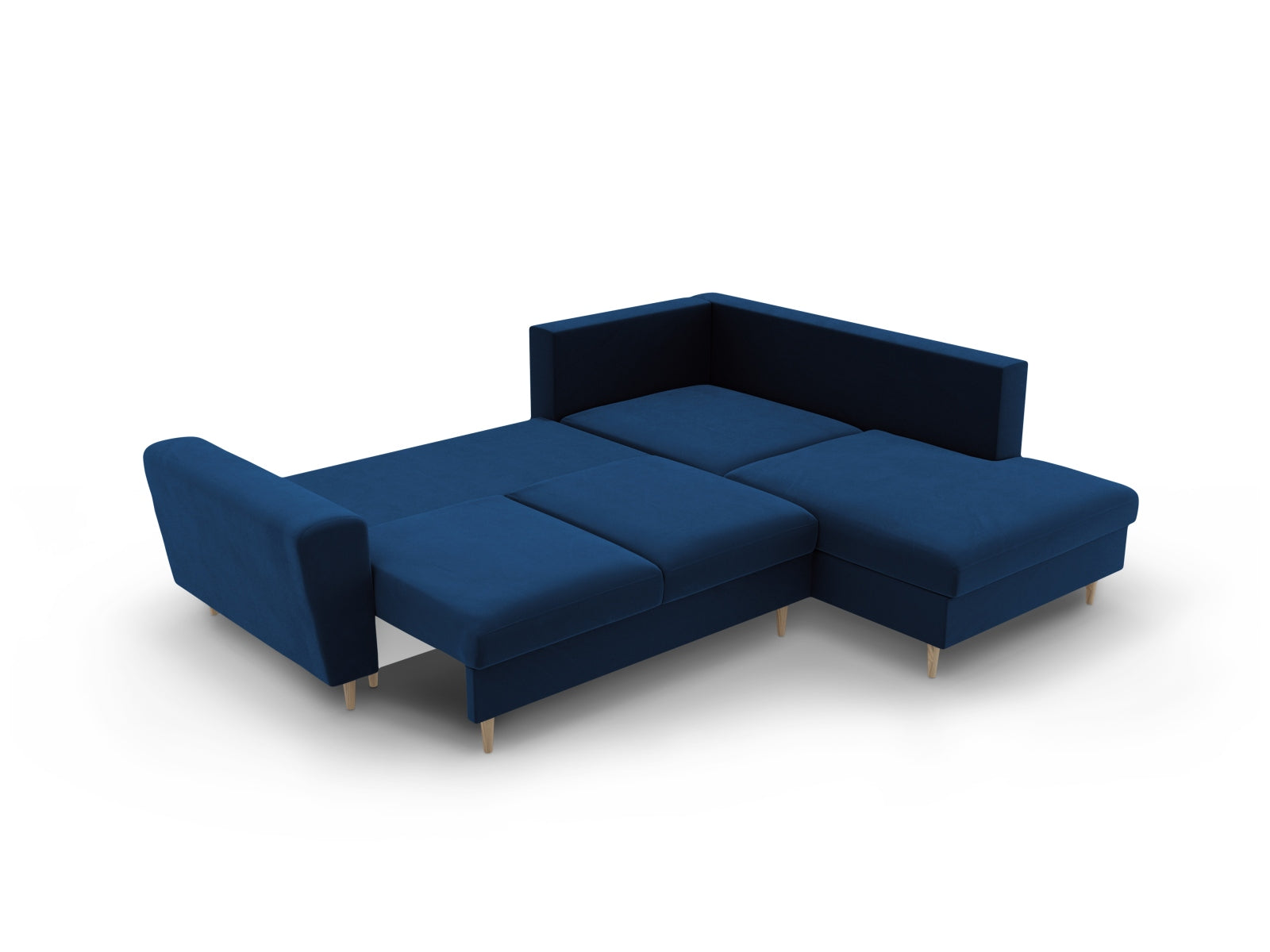 Stylisches Kyoto Velour Ecksofa in Royal Blue, 5-Sitzer mit praktischer Schlaffunktion und Stauraum, perfekt für moderne Wohnzimmer.