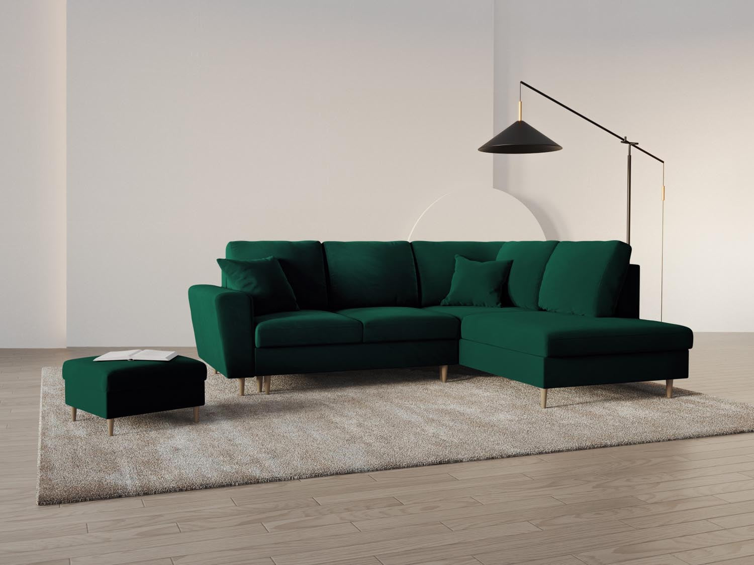 Elegantes Kyoto Velour Ecksofa in Bottle Green, 5-Sitzer mit Schlaffunktion und Stauraum, ideal für stilvolle Wohnräume.