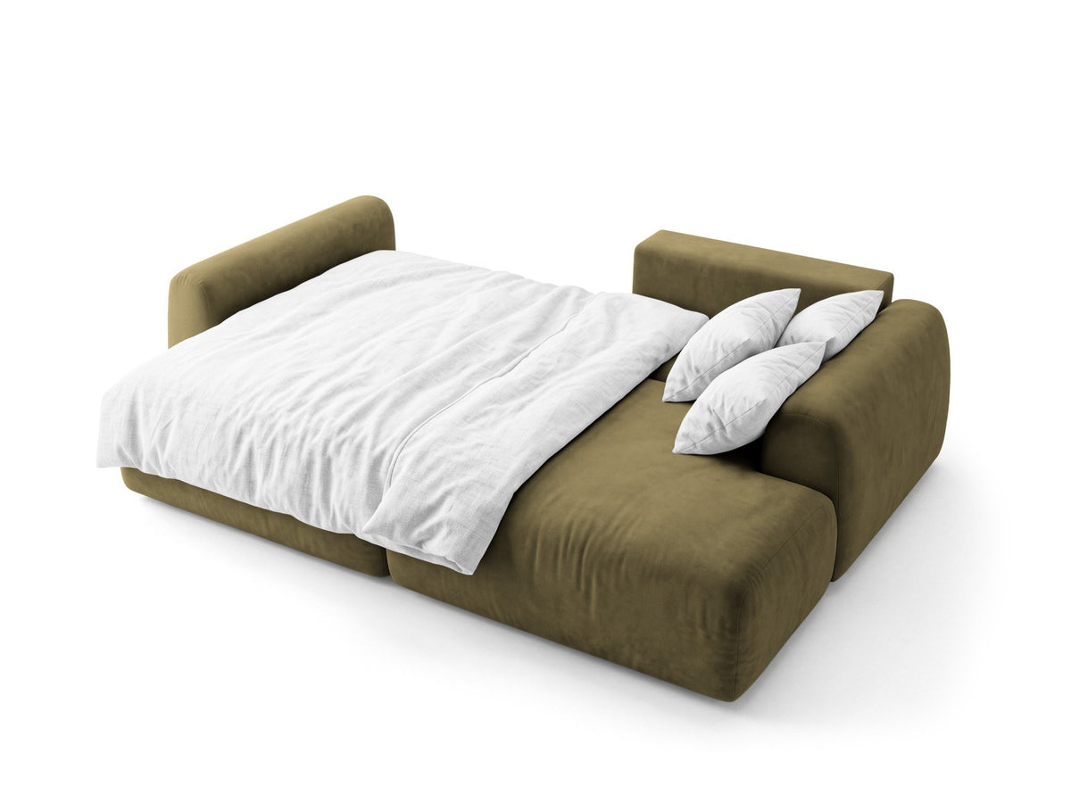 Milan Bettsofa rechts als Ecksofa mit Récamière, Bluvel-Bezug und schwarzen Kunststoffbeinen