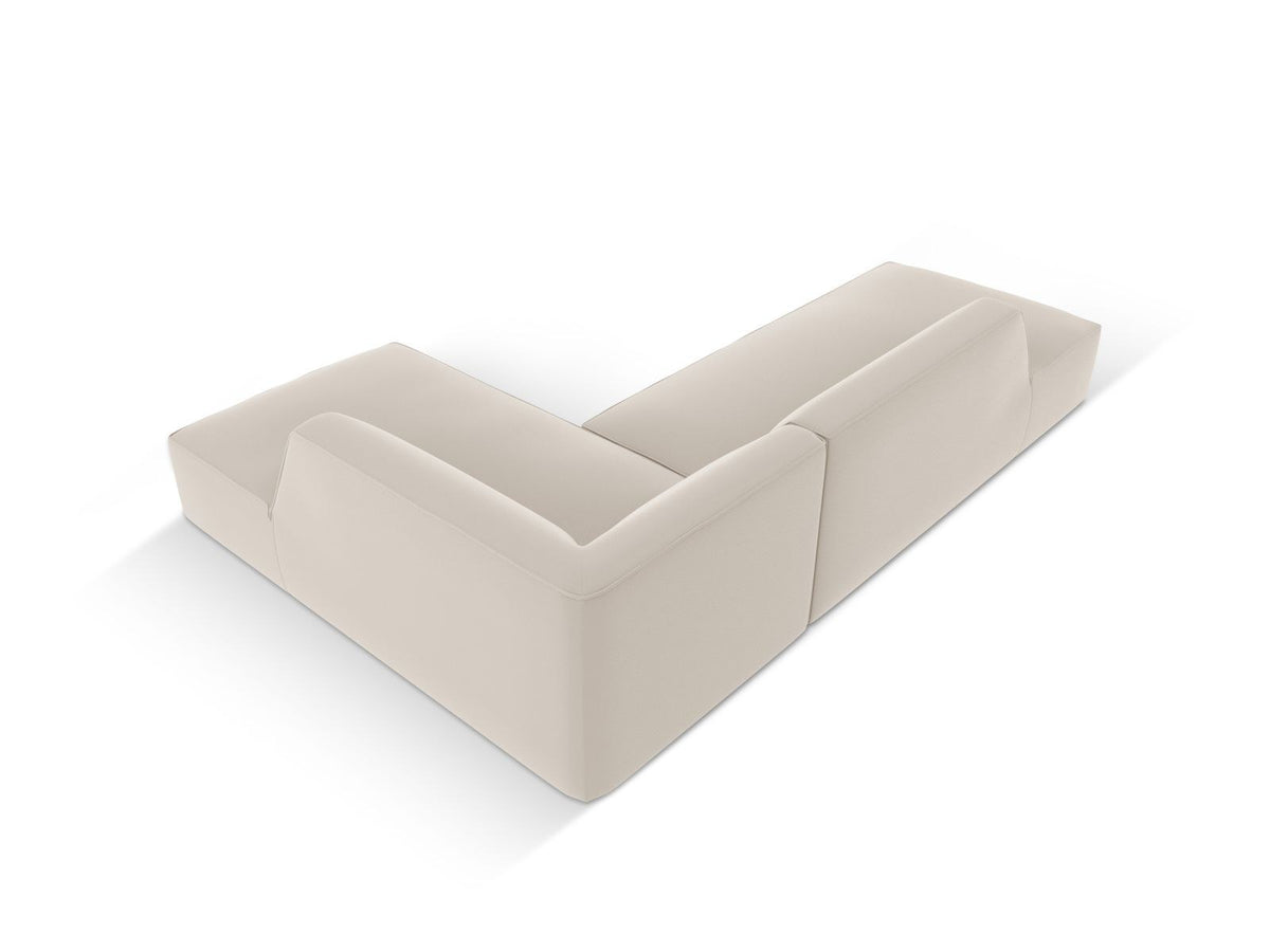 Modulares Ecksofa rechts Siena in Light Beige-Pacifico mit lederähnlichem Bezug, schwarzen Kunststoffbeinen und Récamiere, 4-Sitzer.