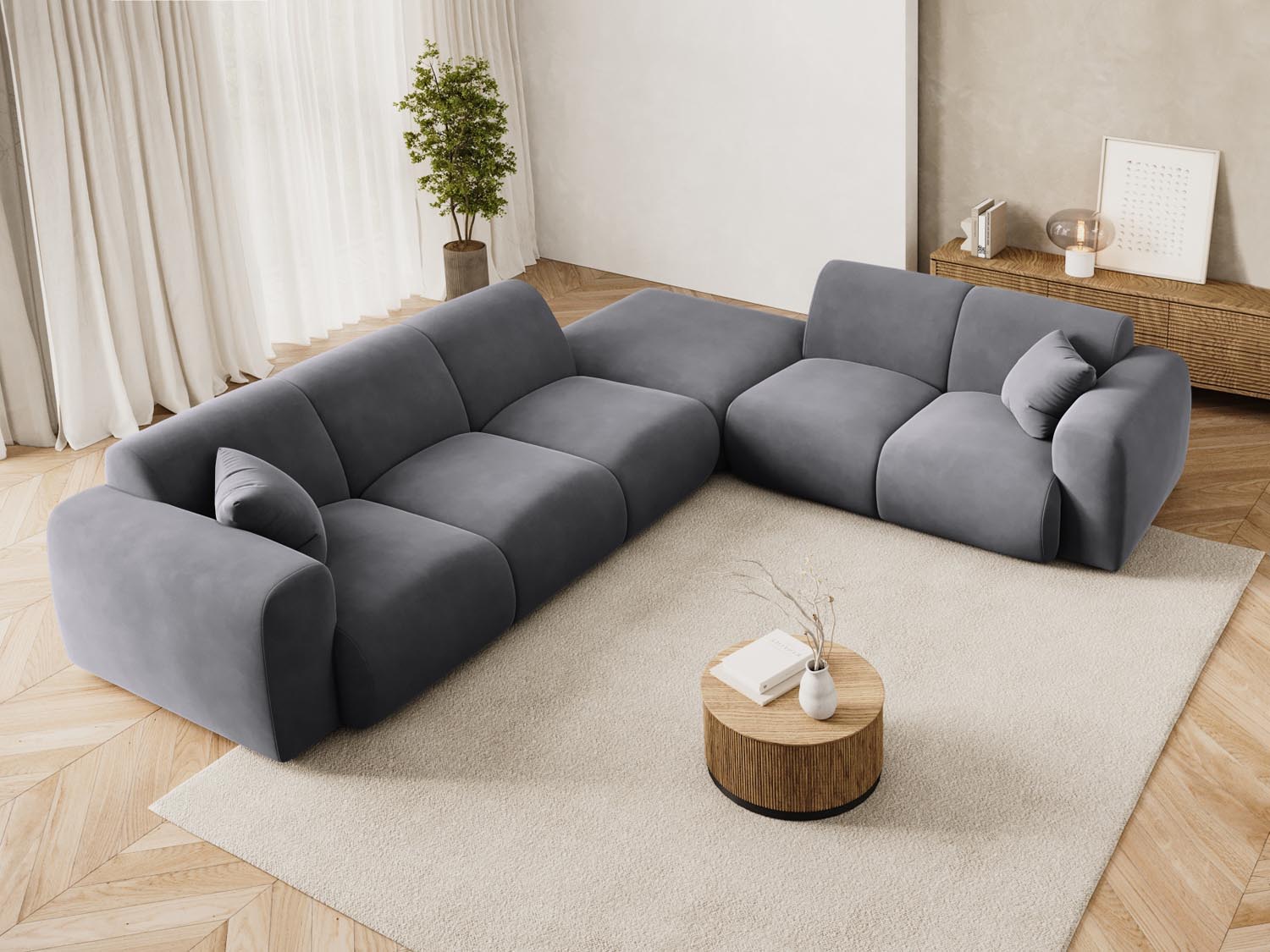 Elegantes Nolio Velour Ecksofa in Dunkelgrau, 4-Sitzer, 250 cm, ideal für stilvolle Wohnräume, präsentiert von Cosmopolitan Design.