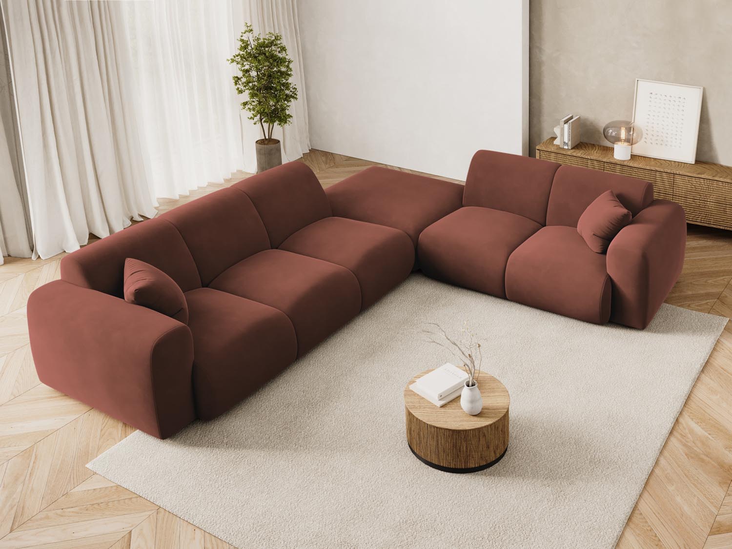 Elegantes Nolio Velour Ecksofa rechts, 4-Sitzer, 250 cm in Cuoio-Casino, ideal für stilvolle Wohnräume, präsentiert von Cosmopolitan Design.