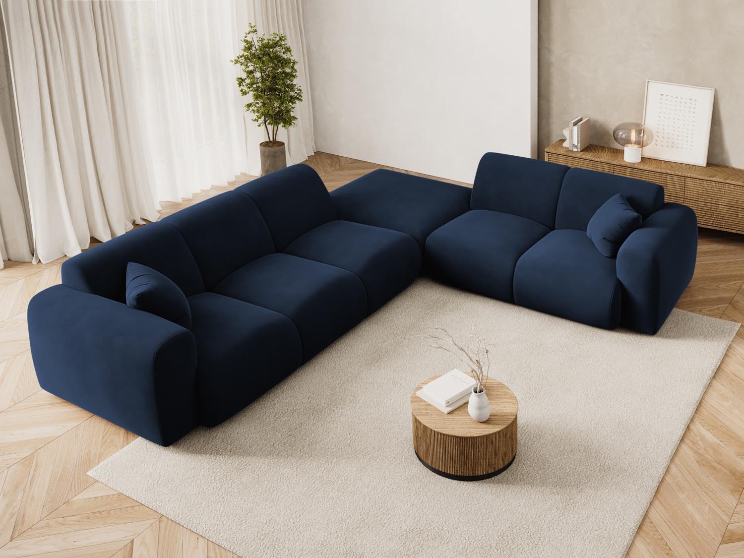 Elegantes Nolio Velour Ecksofa in Royal Blue, 4-Sitzer, 250 cm, ideal für stilvolle Wohnräume, präsentiert von Cosmopolitan Design.