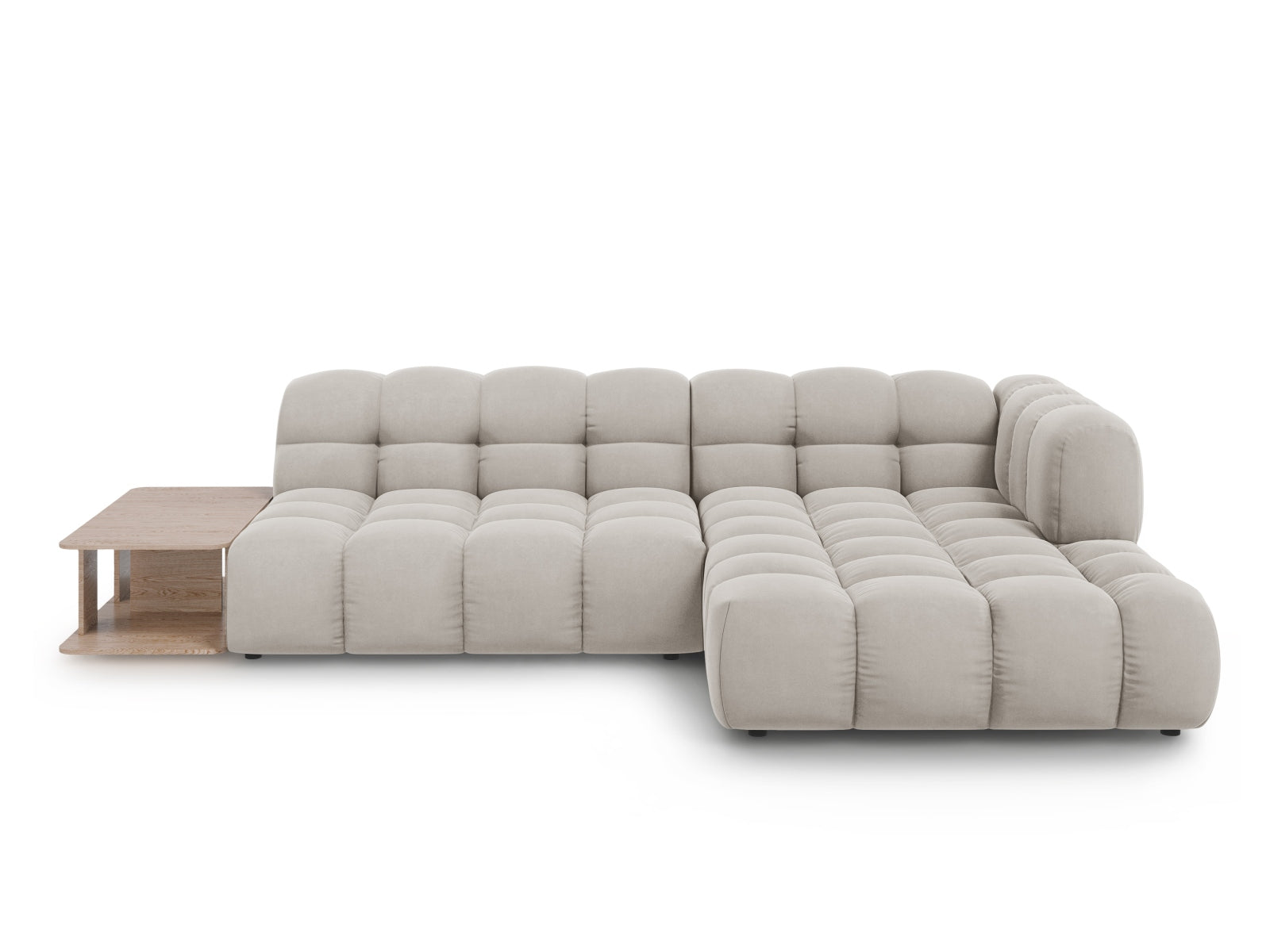 Elegantes, modulares Ecksofa Sky Velour in sanftem Beige, 4-Sitzer, rechte Variante, ideal für stilvolle und einladende Wohnräume.