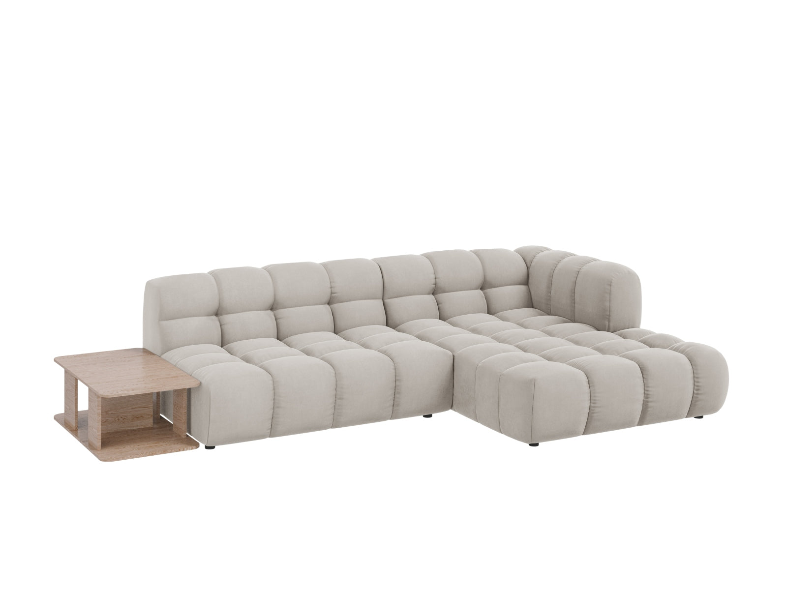 Modulares Ecksofa Sky Velour in hellem Beige, 4-Sitzer, rechte Ausführung, perfekt für moderne und gemütliche Wohnambiente.