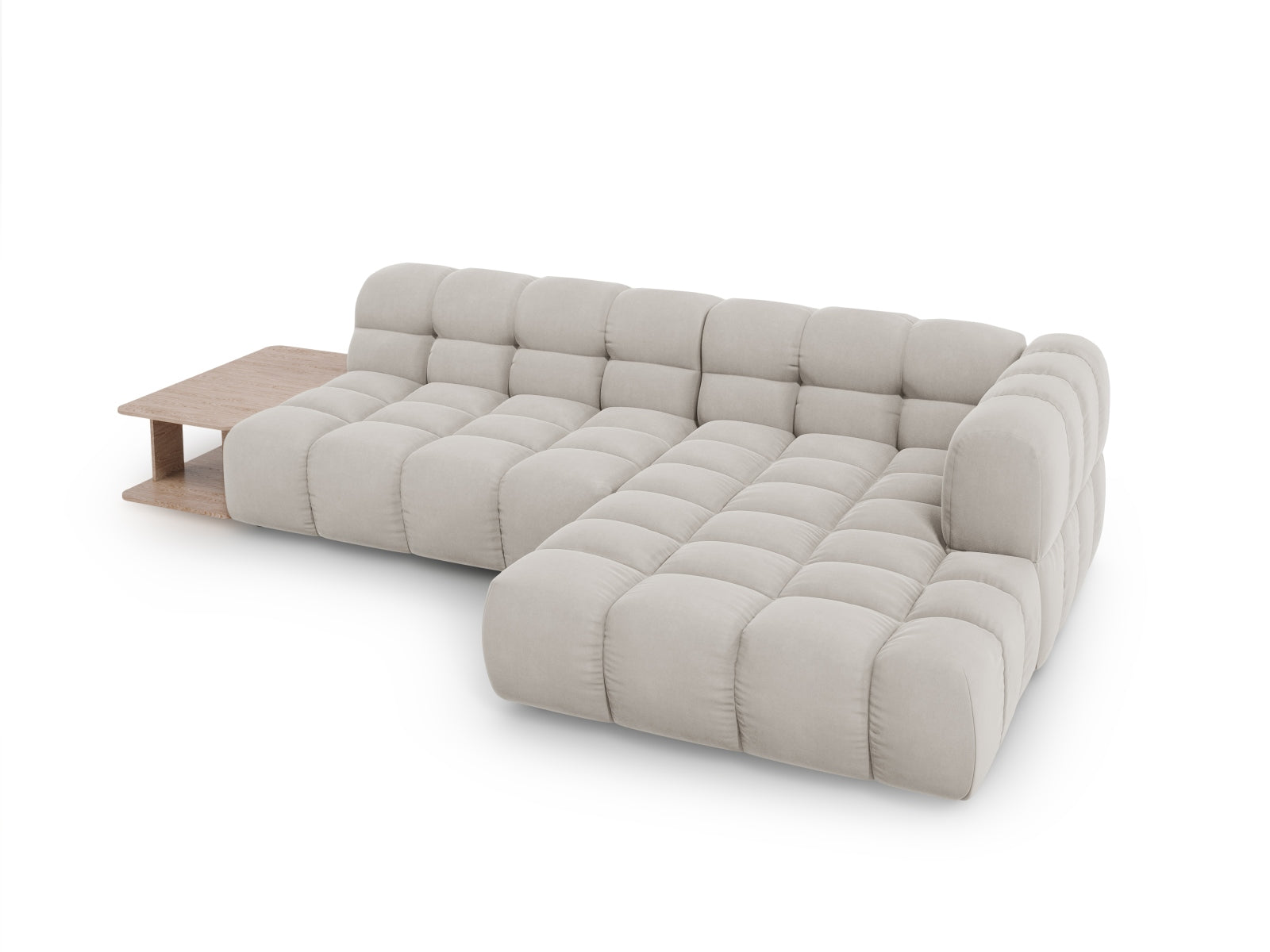 Elegantes, modulares Ecksofa Sky Velour in sanftem Beige, 4-Sitzer, rechte Variante, ideal für stilvolle und einladende Wohnräume.