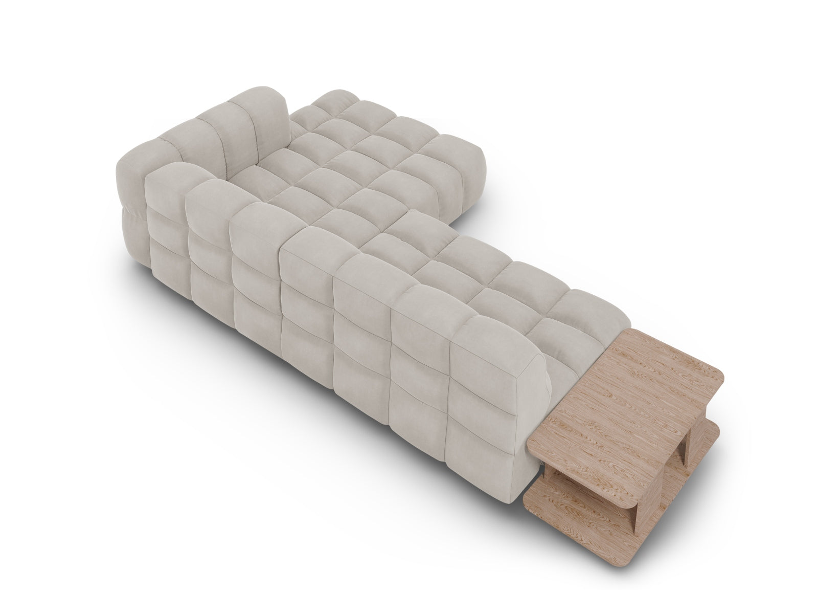 Modulares Ecksofa Sky Velour in hellem Beige, 4-Sitzer, rechte Ausführung, perfekt für moderne und gemütliche Wohnambiente.