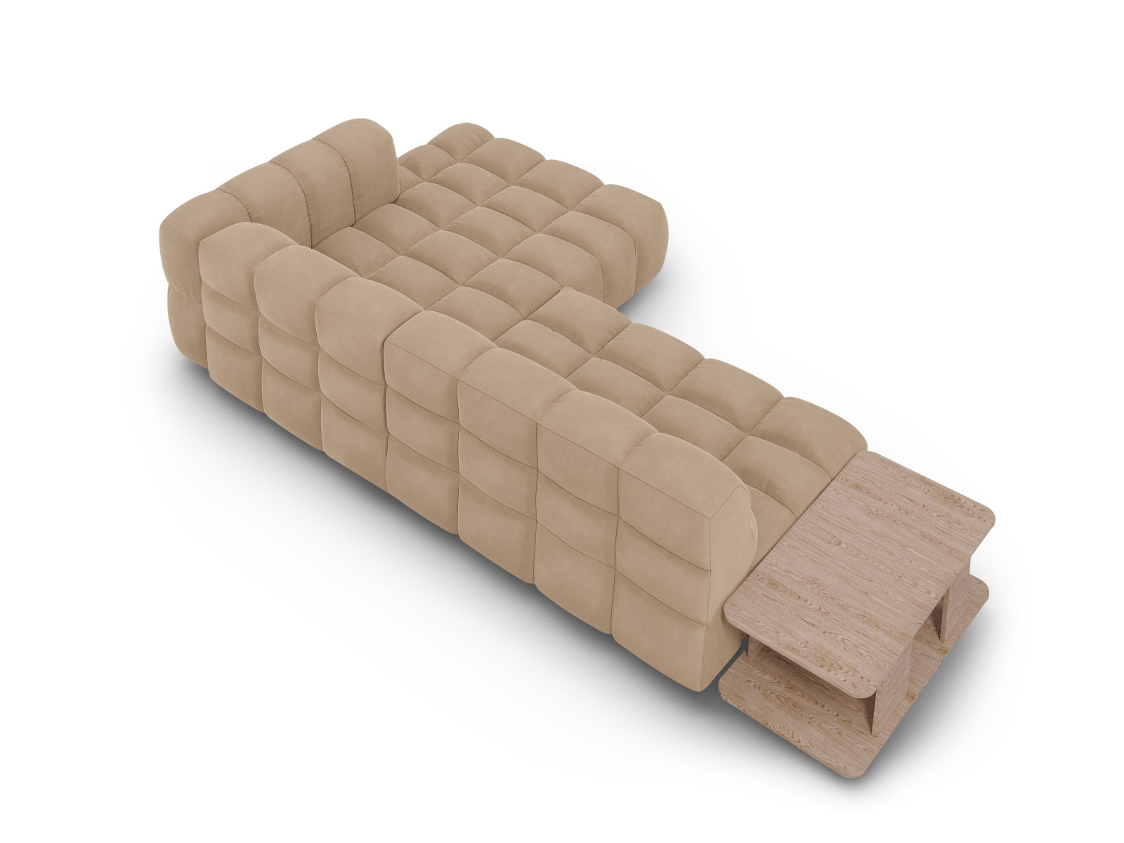 Modulares Ecksofa Sky Velour in Sand-Casino, 4-Sitzer, rechte Ausführung, perfekt für moderne und elegante Wohnkonzepte von Cosmopolitan Design.