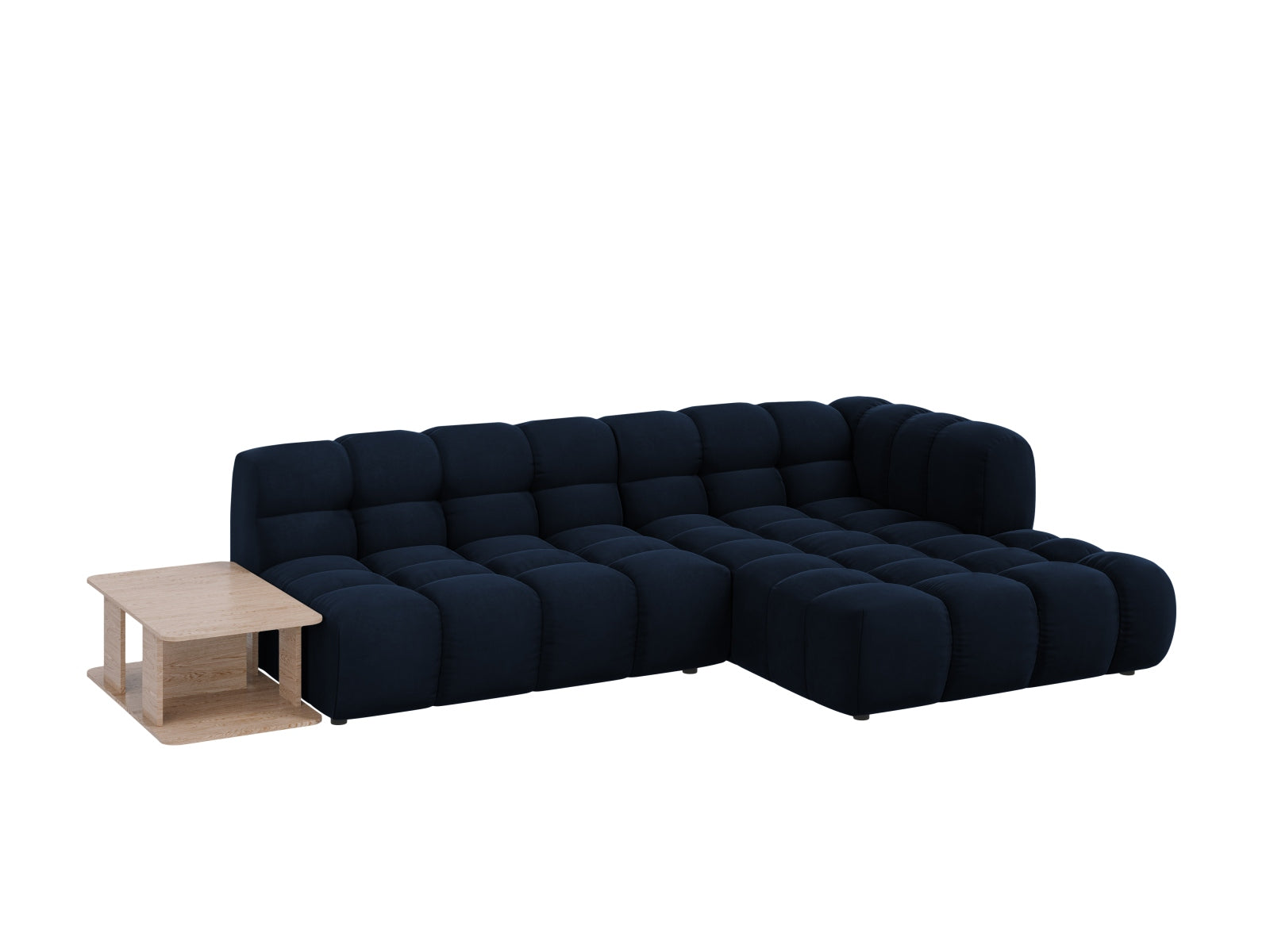 Modulares Ecksofa Sky Velour in sanftem Blau, rechte Ausführung, 4-Sitzer mit 162 cm, perfekt für moderne und gemütliche Wohnambiente.