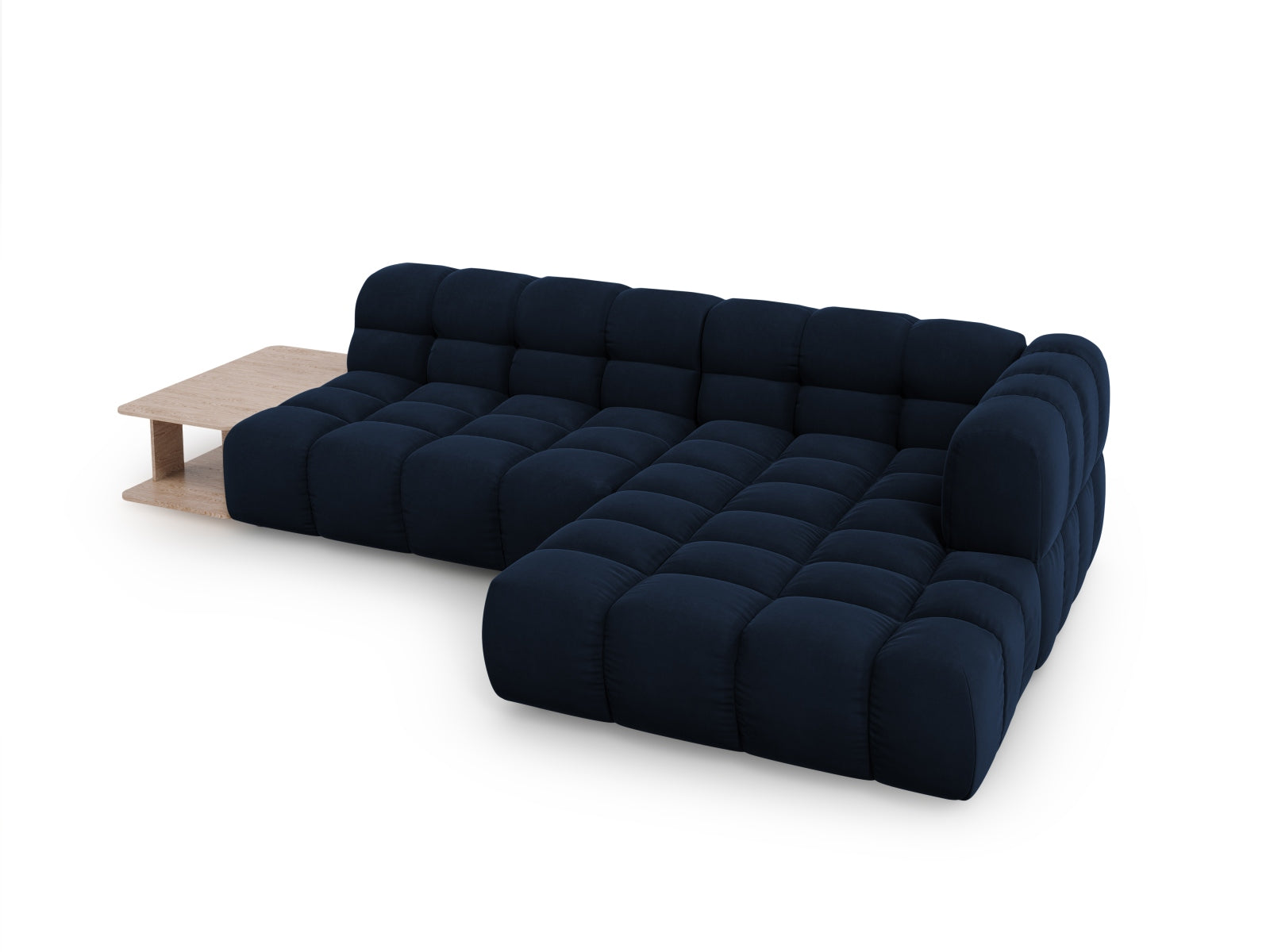 Elegantes modulares Ecksofa Sky Velour in zartem Blau, rechte Variante, 4-Sitzer mit 162 cm, ideal für stilvolle und einladende Wohnräume.