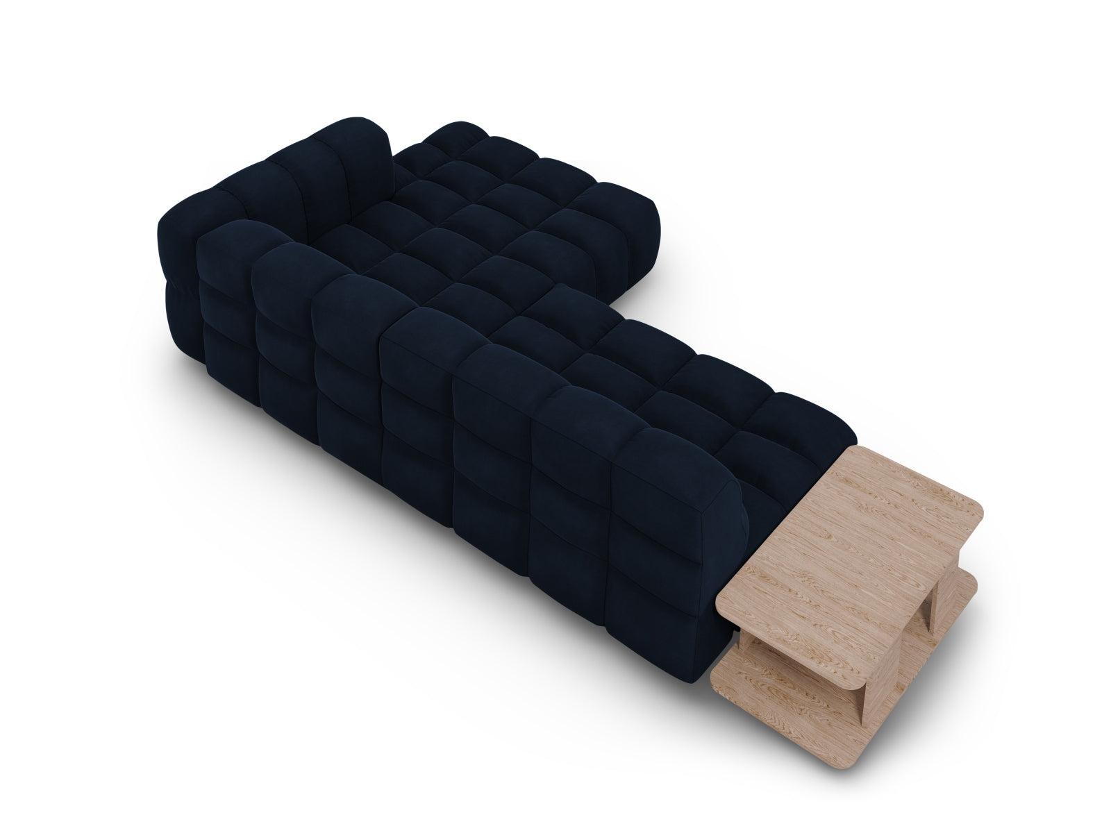 Modulares Ecksofa Sky Velour in sanftem Blau, rechte Ausführung, 4-Sitzer mit 162 cm, perfekt für moderne und gemütliche Wohnambiente.