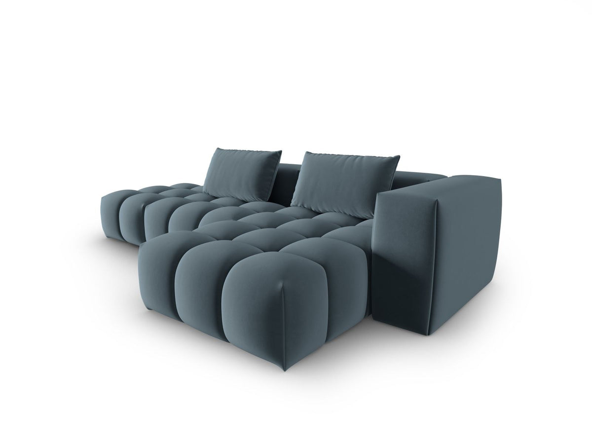 Modulares Ecksofa rechts aus Samt in Sand-Casino mit Récamiere, schwarzen Kunststoffbeinen und gepolsterter Rückenlehne.