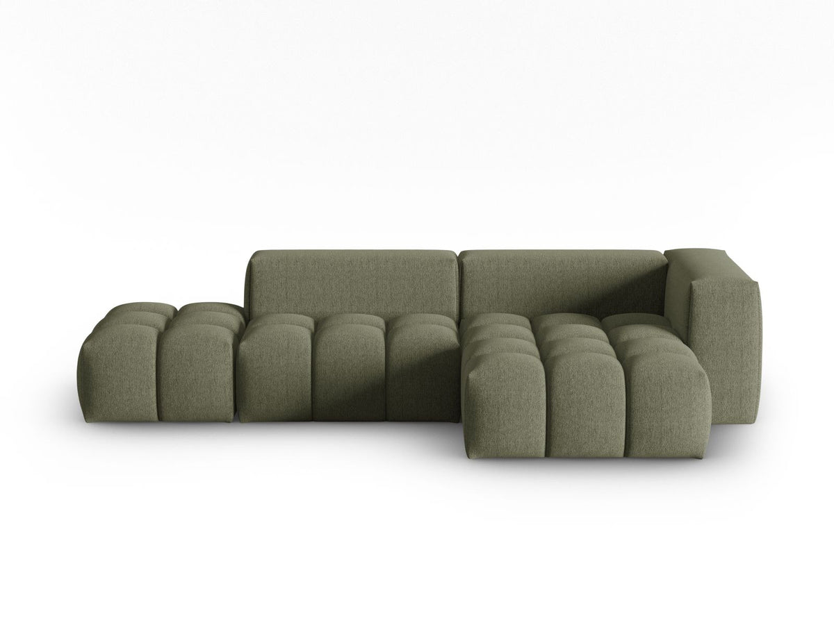 Modulares Ecksofa Verona in Beige-Sorella mit Massivholzrahmen, schwarzen Kunststoffbeinen und strukturiertem Tweed-Stoffbezug, rechte Ausrichtung.