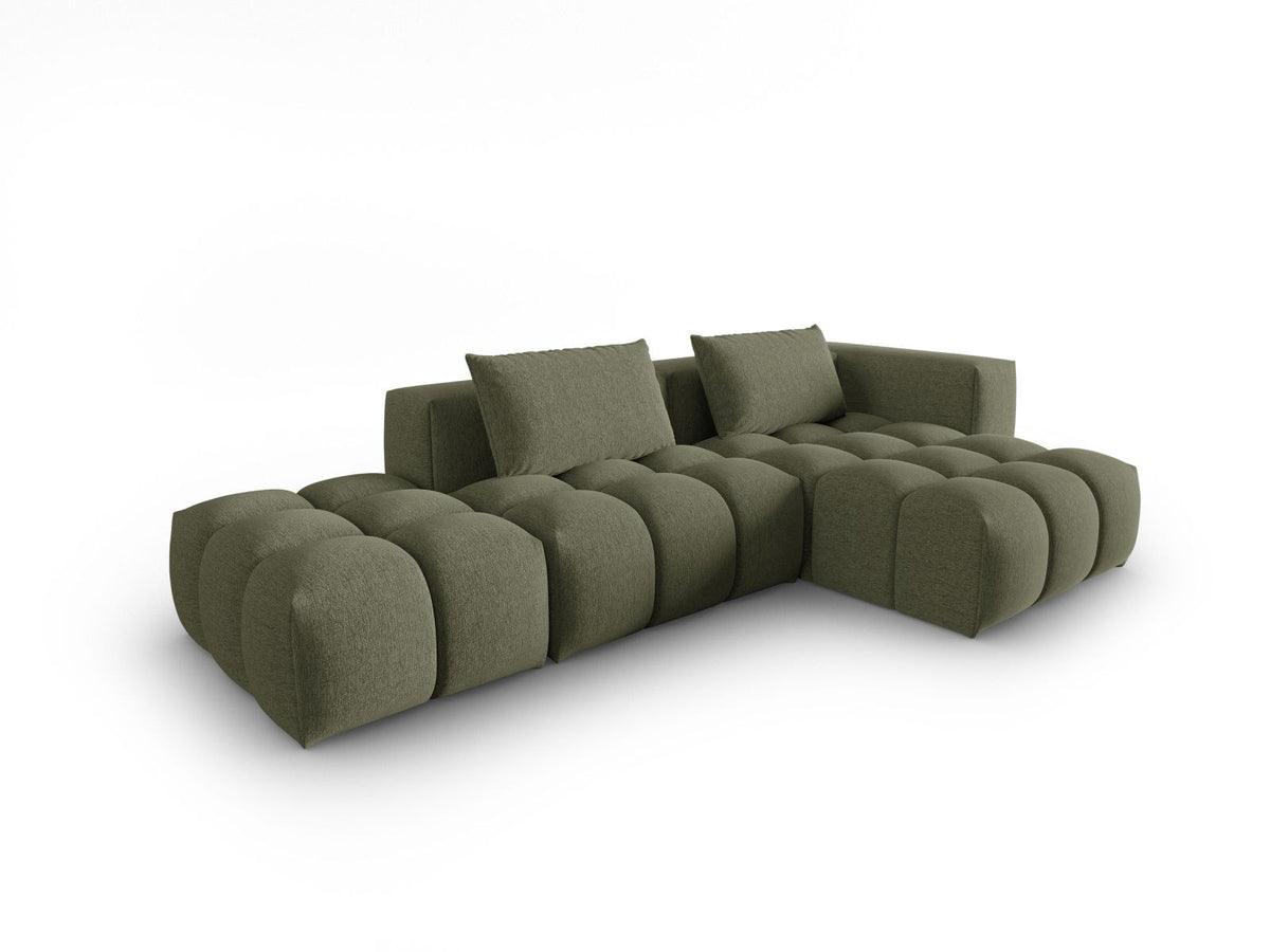 Modulares Ecksofa Verona in Beige-Sorella mit Massivholzrahmen, schwarzen Kunststoffbeinen und strukturiertem Tweed-Stoffbezug, rechte Ausrichtung.