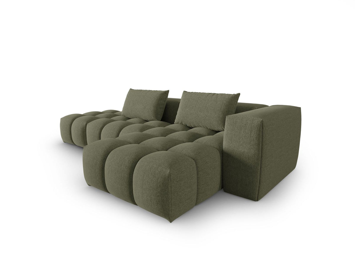 Modulares Ecksofa Verona in Beige-Sorella mit Massivholzrahmen, schwarzen Kunststoffbeinen und strukturiertem Tweed-Stoffbezug, rechte Ausrichtung.