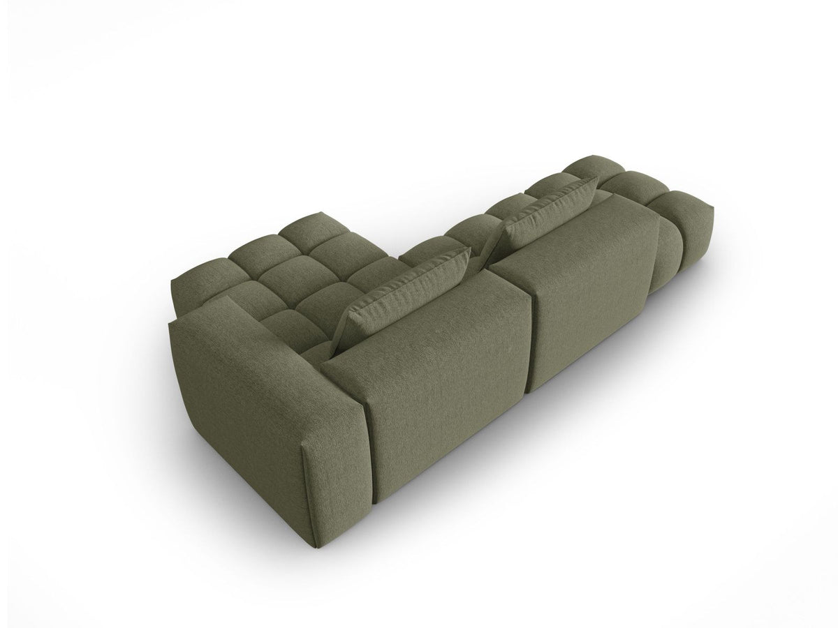 Modulares Ecksofa Verona in Beige-Sorella mit Massivholzrahmen, schwarzen Kunststoffbeinen und strukturiertem Tweed-Stoffbezug, rechte Ausrichtung.