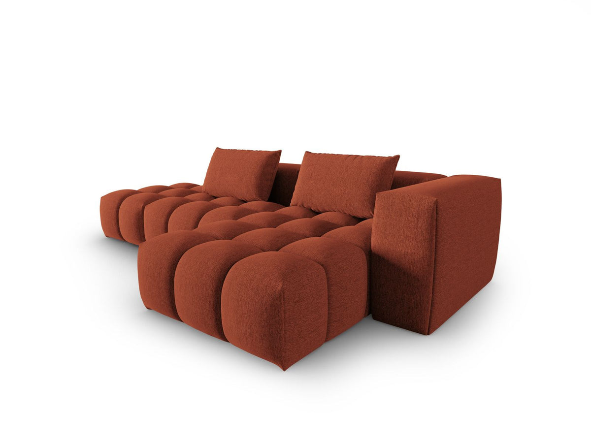 Modulares Ecksofa Verona in Beige-Sorella mit Massivholzrahmen, schwarzen Kunststoffbeinen und strukturiertem Tweed-Stoffbezug, rechte Ausrichtung.
