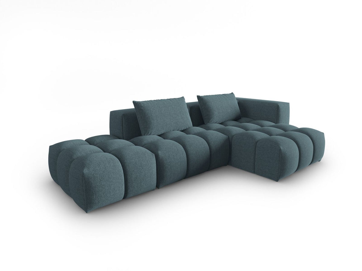 Modulares Ecksofa Verona in Beige-Sorella mit Massivholzrahmen, schwarzen Kunststoffbeinen und strukturiertem Tweed-Stoffbezug, rechte Ausrichtung.