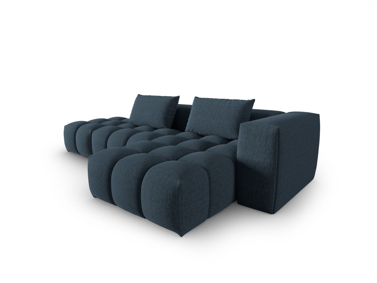 Modulares Ecksofa Verona in Beige-Sorella mit Massivholzrahmen, schwarzen Kunststoffbeinen und strukturiertem Tweed-Stoffbezug, rechte Ausrichtung.