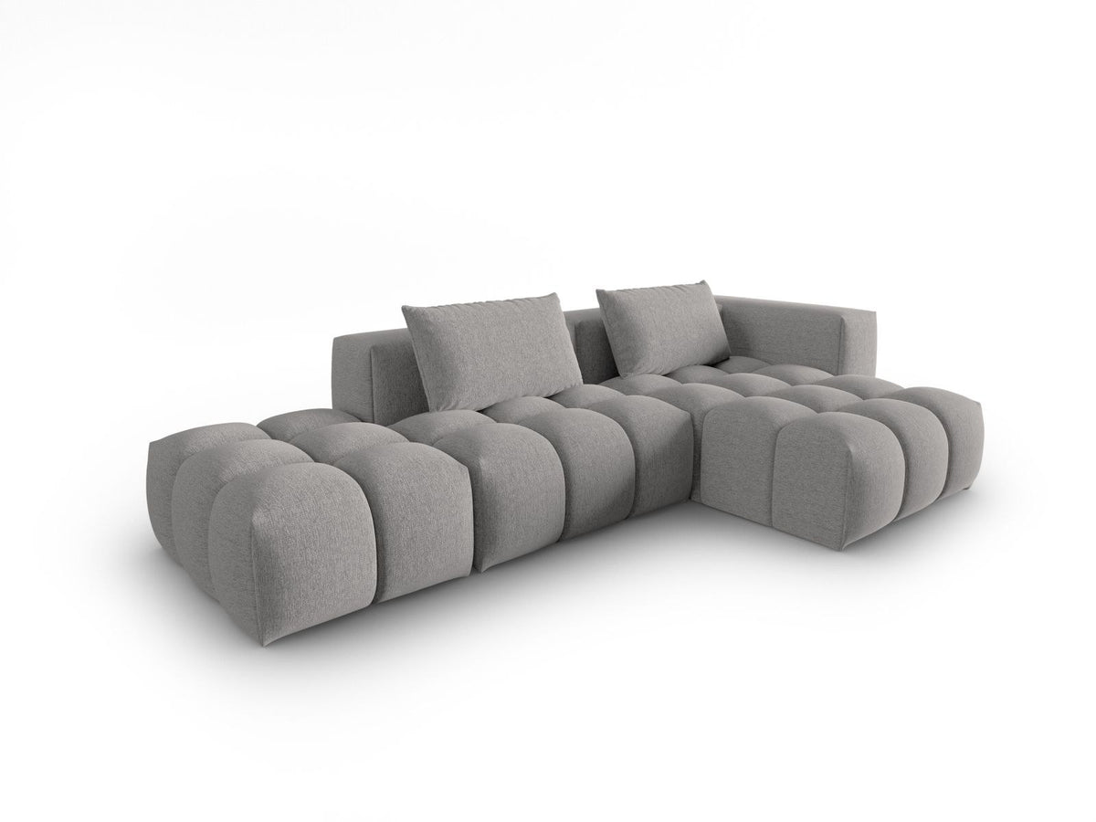 Modulares Ecksofa Verona in Beige-Sorella mit Massivholzrahmen, schwarzen Kunststoffbeinen und strukturiertem Tweed-Stoffbezug, rechte Ausrichtung.