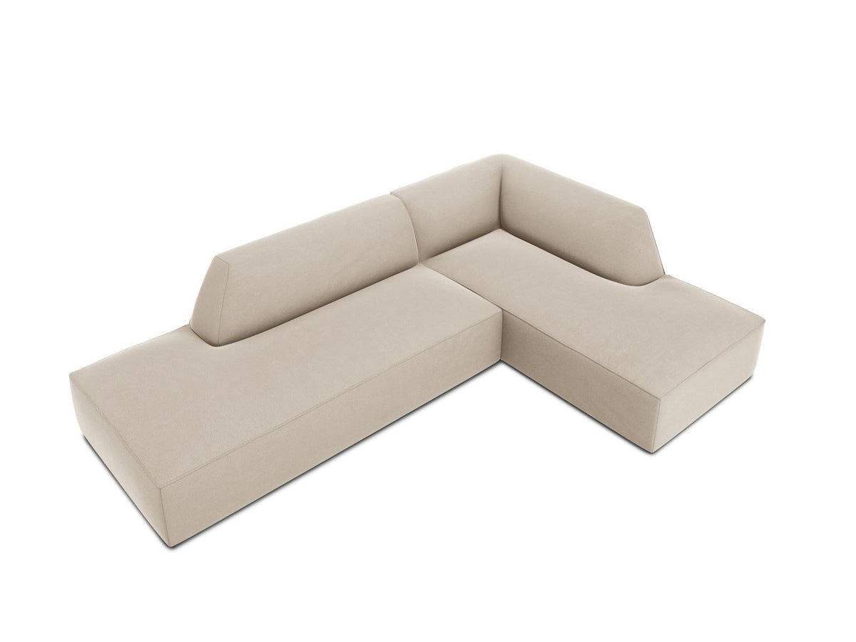 Modulares Ecksofa rechts Siena in Beige-Salvador Samtstoff mit schwarzen Kunststoffbeinen, Récamiere und Massivholzrahmen, 4-Sitzer, 180 cm.
