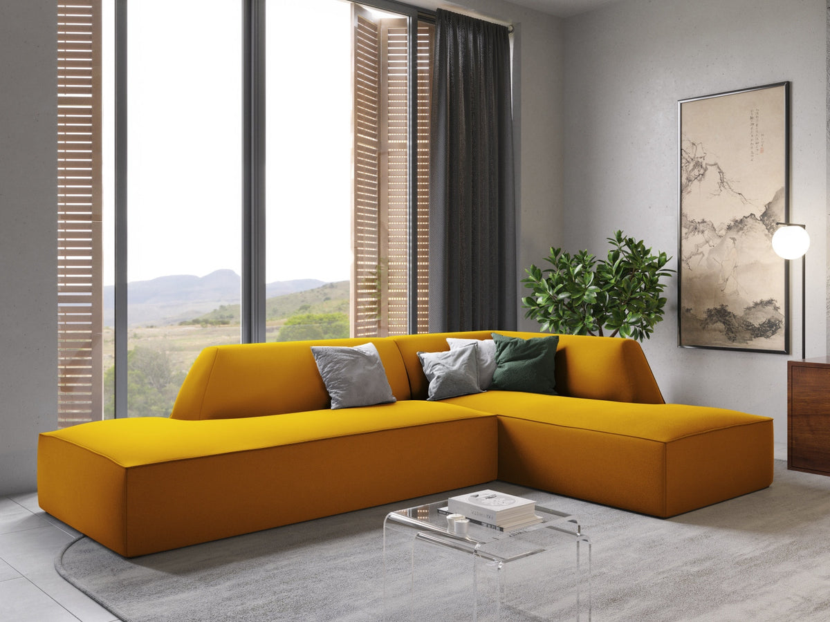 Modulares Ecksofa rechts Siena in Beige-Salvador Samtstoff mit schwarzen Kunststoffbeinen, Récamiere und Massivholzrahmen, 4-Sitzer, 180 cm.