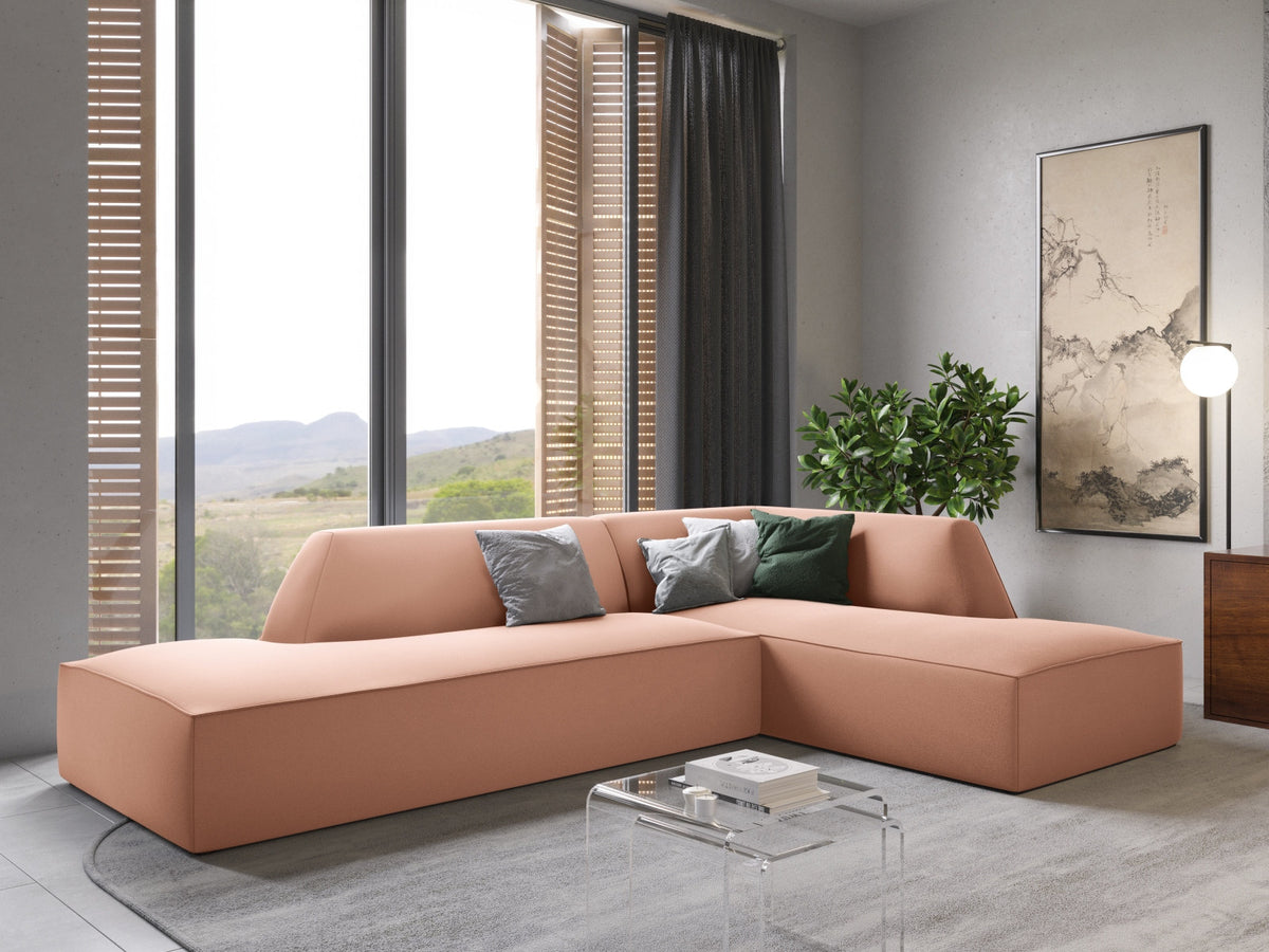 Modulares Ecksofa rechts Siena in Beige-Salvador Samtstoff mit schwarzen Kunststoffbeinen, Récamiere und Massivholzrahmen, 4-Sitzer, 180 cm.