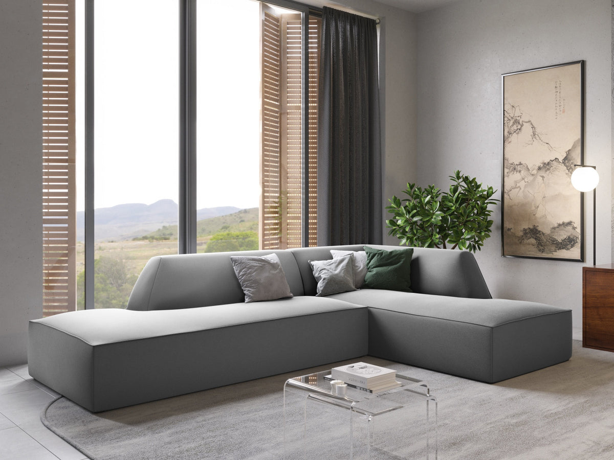 Modulares Ecksofa rechts Siena in Beige-Salvador Samtstoff mit schwarzen Kunststoffbeinen, Récamiere und Massivholzrahmen, 4-Sitzer, 180 cm.