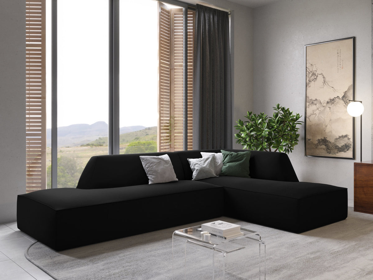 Modulares Ecksofa rechts Siena in Beige-Salvador Samtstoff mit schwarzen Kunststoffbeinen, Récamiere und Massivholzrahmen, 4-Sitzer, 180 cm.