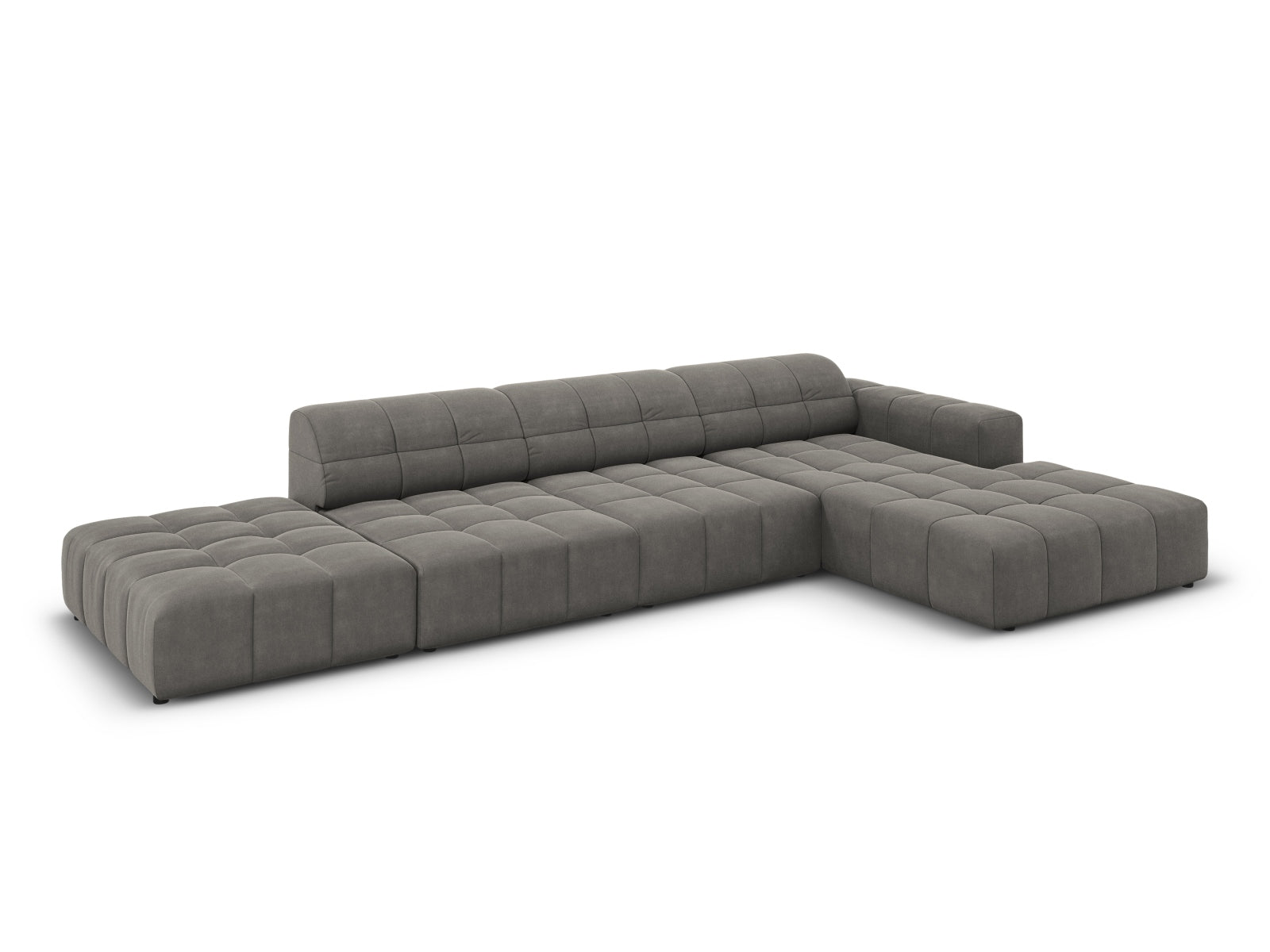 Modernes Chicago Velour Ecksofa in sanftem Grau, 5-Sitzer, perfekt für gemütliche und stilvolle Wohnzimmer, von Cosmopolitan Design.