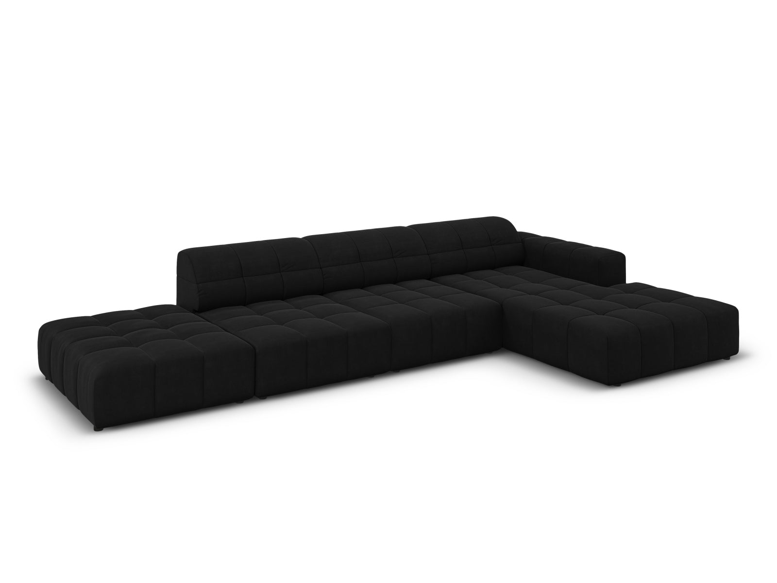 Modernes Chicago Velour Ecksofa in Schwarz-Bluvel, 5-Sitzer, 166 cm, perfekt für gemütliche und stilvolle Wohnbereiche von Cosmopolitan Design.
