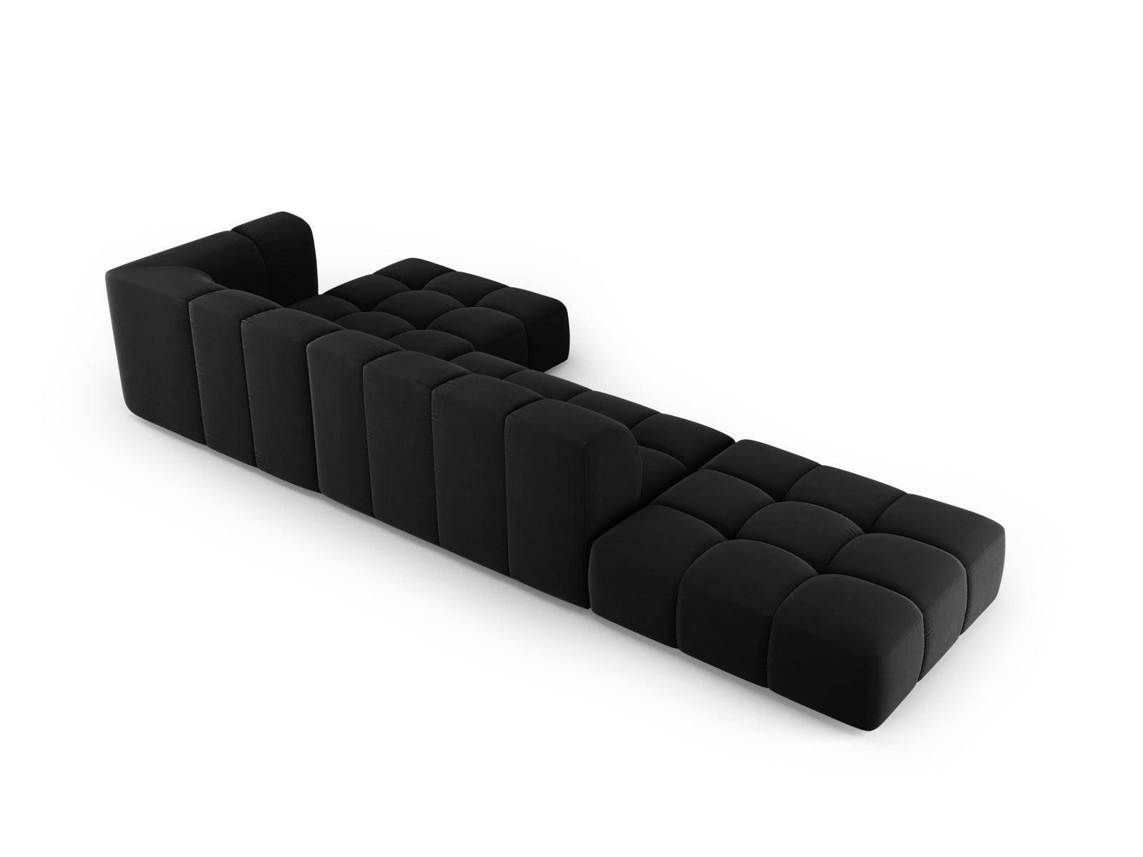Modernes 5-Sitzer Ecksofa Moritz in elegantem Black-Bluvel, ideal für gemütliche Stunden und geschmackvolle Wohnräume von Cosmopolitan Design.