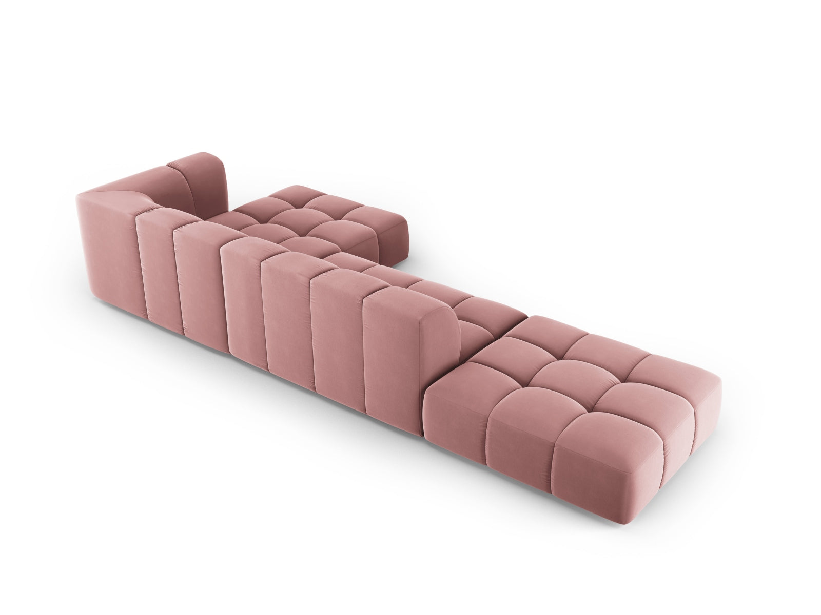 Modulares 5-Sitzer Ecksofa Moritz in modernem Pink-Bluvel, ideal für gemütliche Stunden und stilvolle Einrichtung in jedem Wohnzimmer.
